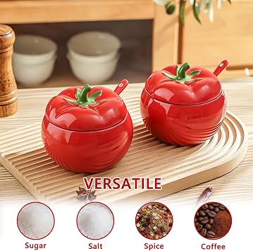 Ceramic Salt Cellar with Lid and Spoon, 14.2oz Cute Tomato Shaped Spice Jar for Sugar, Salt, Spice, Decorative Spice Container for Kitchen (Tomato)