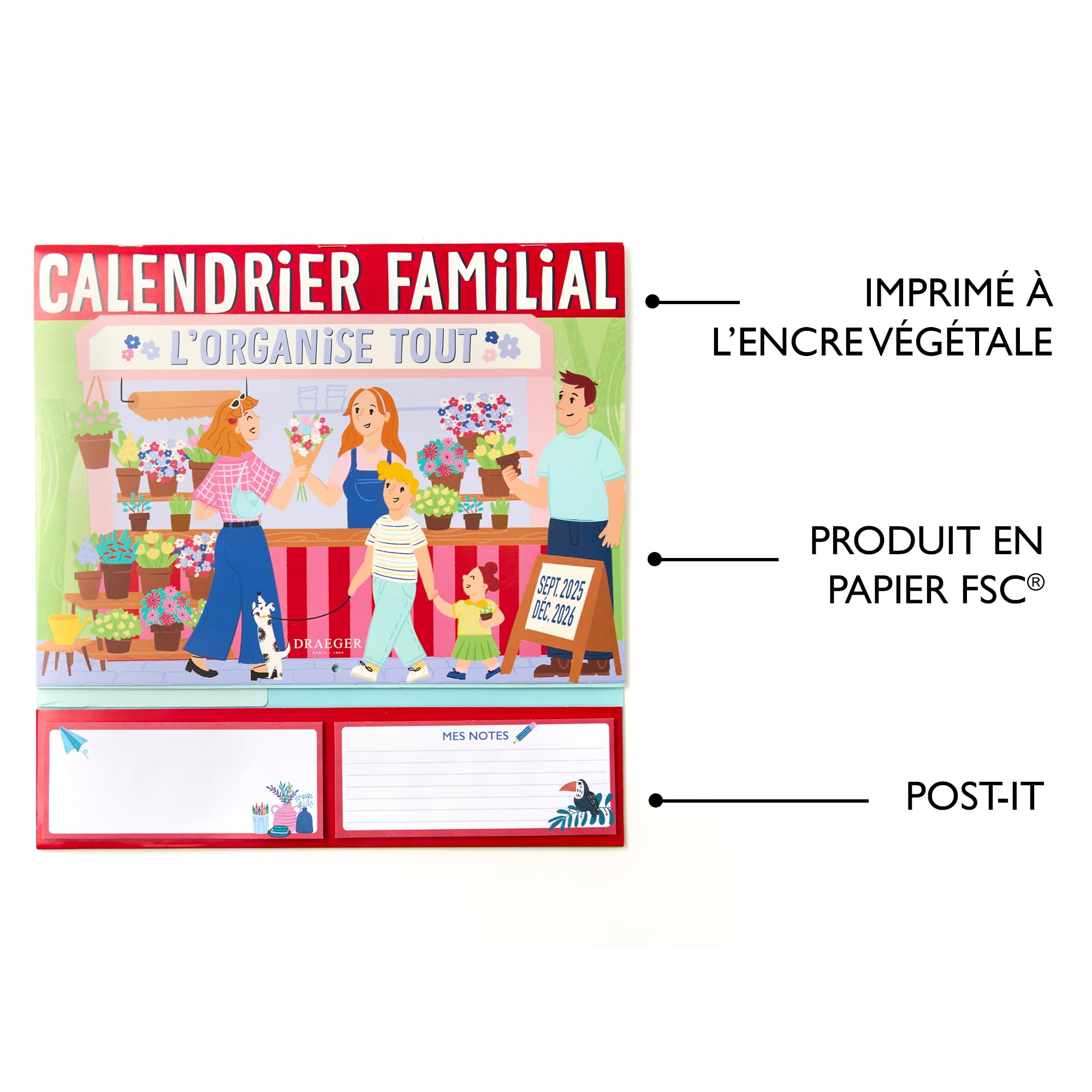 DRAEGER PARIS 1886 Organiseur familial mural 28x28 cm 2026-18 fiches mensuelles Papier FSC