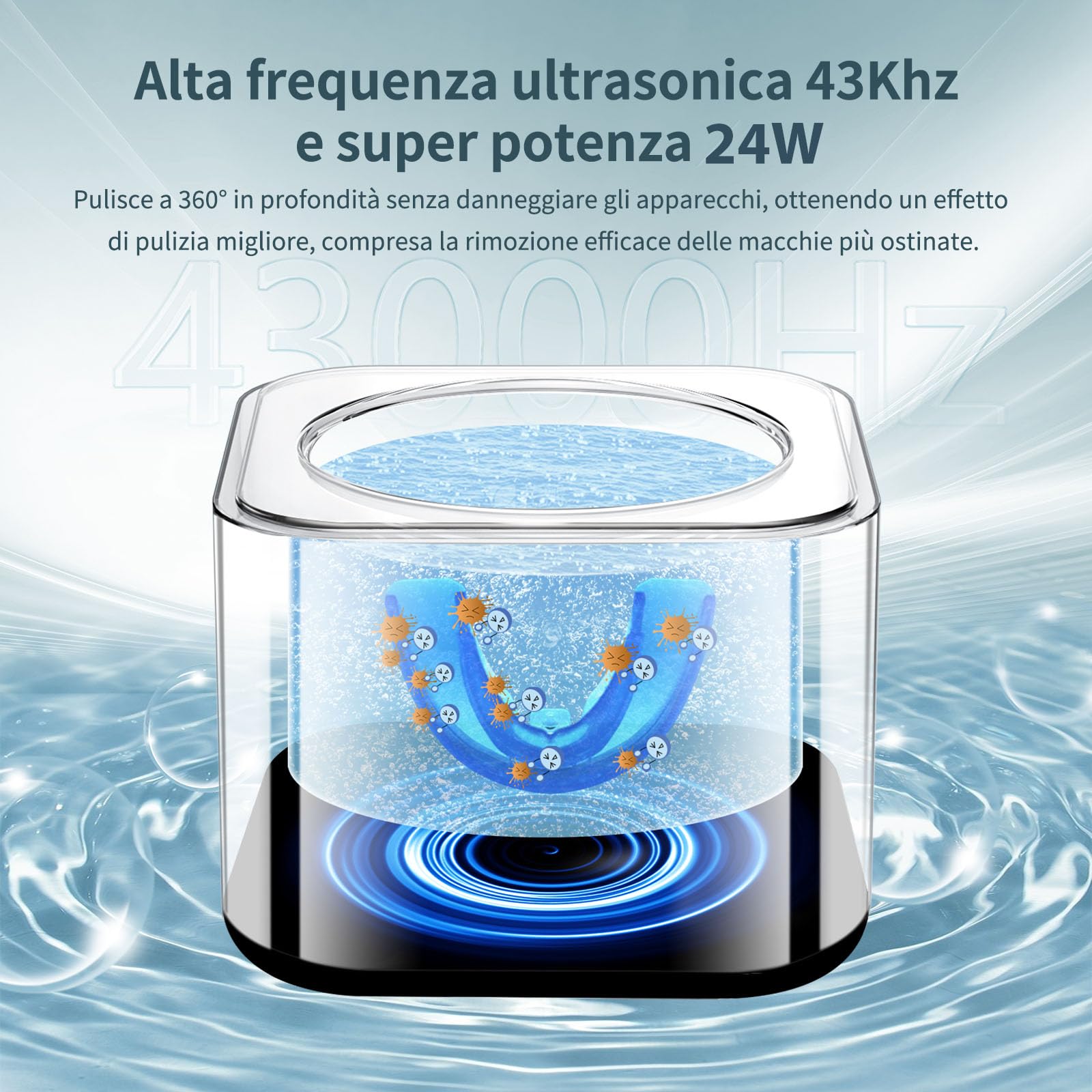 Pulitore Ultrasuoni per Bite, 43000Hz Pulitore ad Ultrasuoni per Protesi, Allineatori, Fermi, Vassoi Sbiancanti, Monete, Testine di Spazzolini da Denti, Pulizia Ultrasuoni Efficiente a 360° 200ml