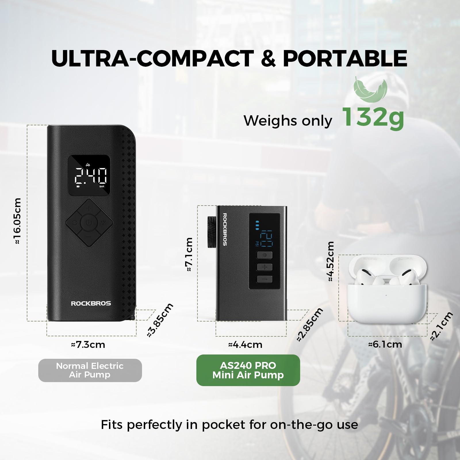 ROCKBROS Mini Pompa per Bicicletta Elettrica Portatile 120PSI, Pompa Bici con Valvole Presta e Schrader, USB Ricaricabile 420 mAh, Pompetta con Display Ideale per E-Bike, MTB, Bici da Corsa e Palloni