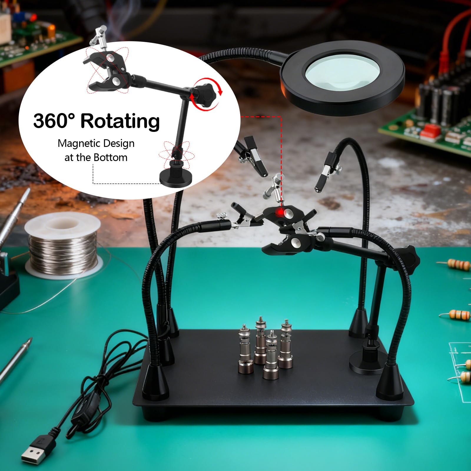 Saldatura Terza Mano, Magnetico Stazione Saldante con 4 Bracci Flessibili Lente d'Ingrandimento a LED 6X e Braccio di Supporto Meccanico per Riparazione PCB Lavori di Saldatura Modellismo