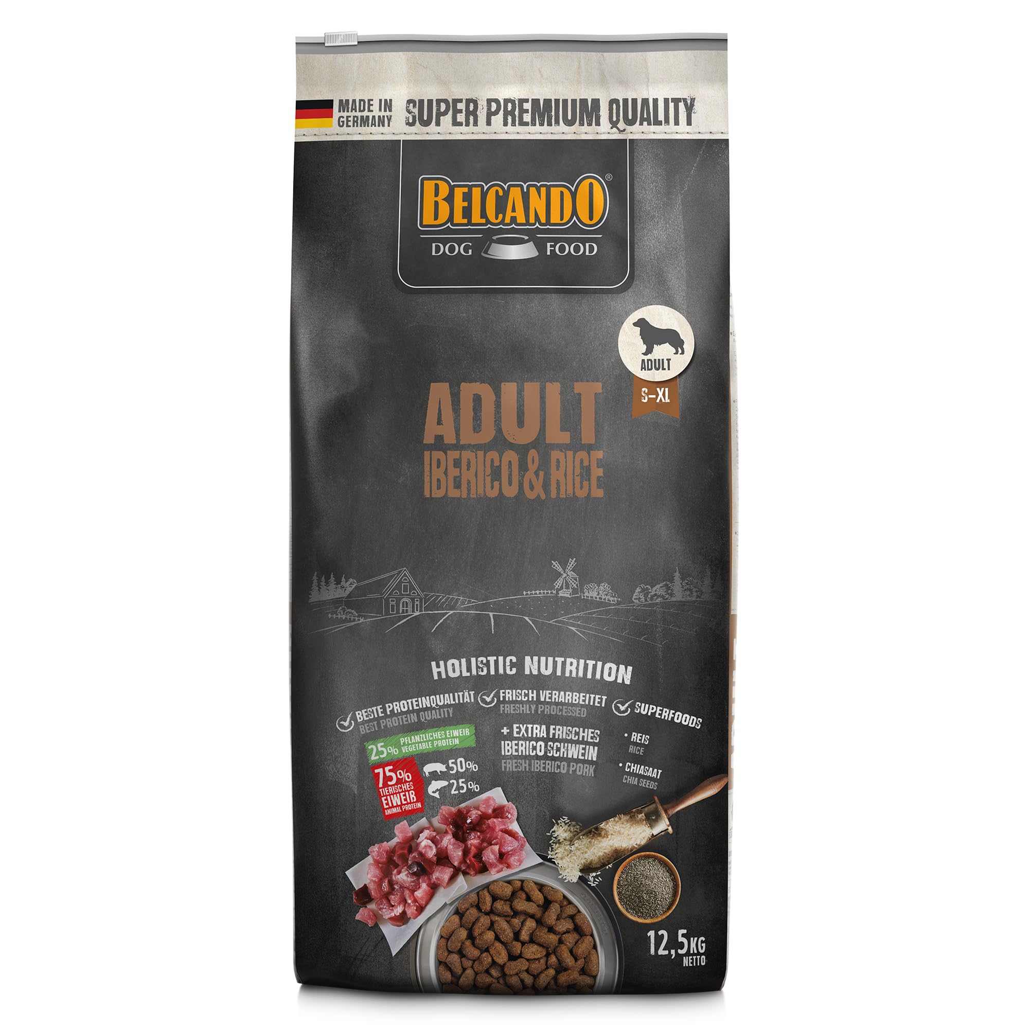 BELCANDO Adult Iberico & Rice [12,5kg] Hundefutter | Trockenfutter für Hunde | Alleinfuttermittel für ausgewachsene Hunde Aller Rassen ab 1 Jahr