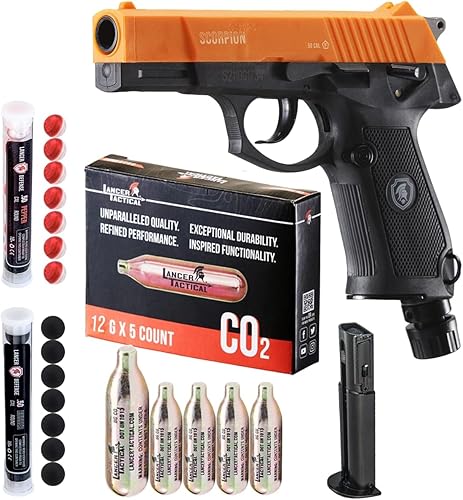 Lancer Tactical Scorpion - Pistola de proyectil de pimienta de calibre 0.5 sin soplado, menos letal, para defensa personal, juego completo con bolas