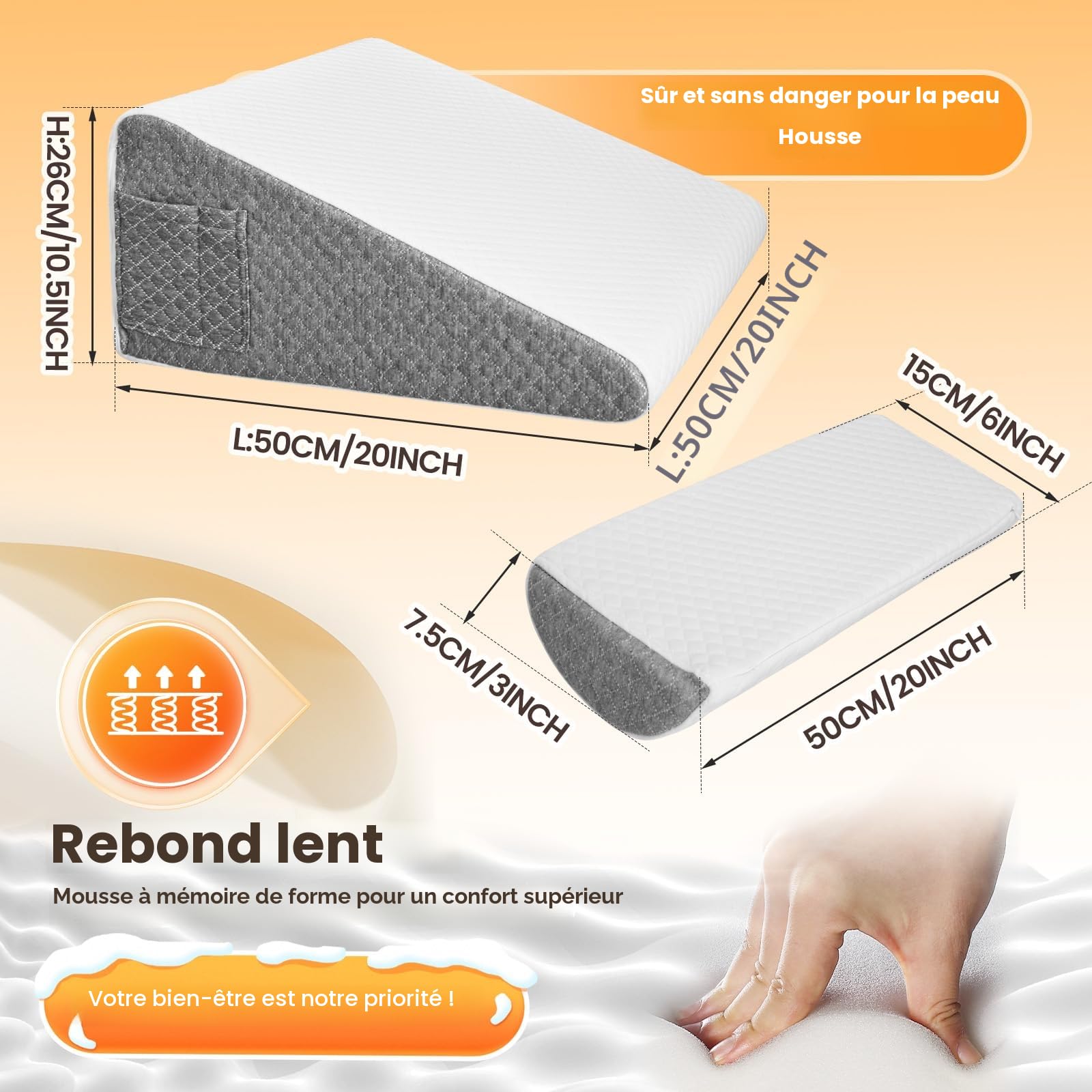 Coussin incliné pour lit Oreiller Triangle pour l'apnée du Sommeil,Coussin de Lecture en Mousse à Mémoire de Forme,Coussin Triangulaire Multifonction pour Reflux Acide l'élévation des Jambes