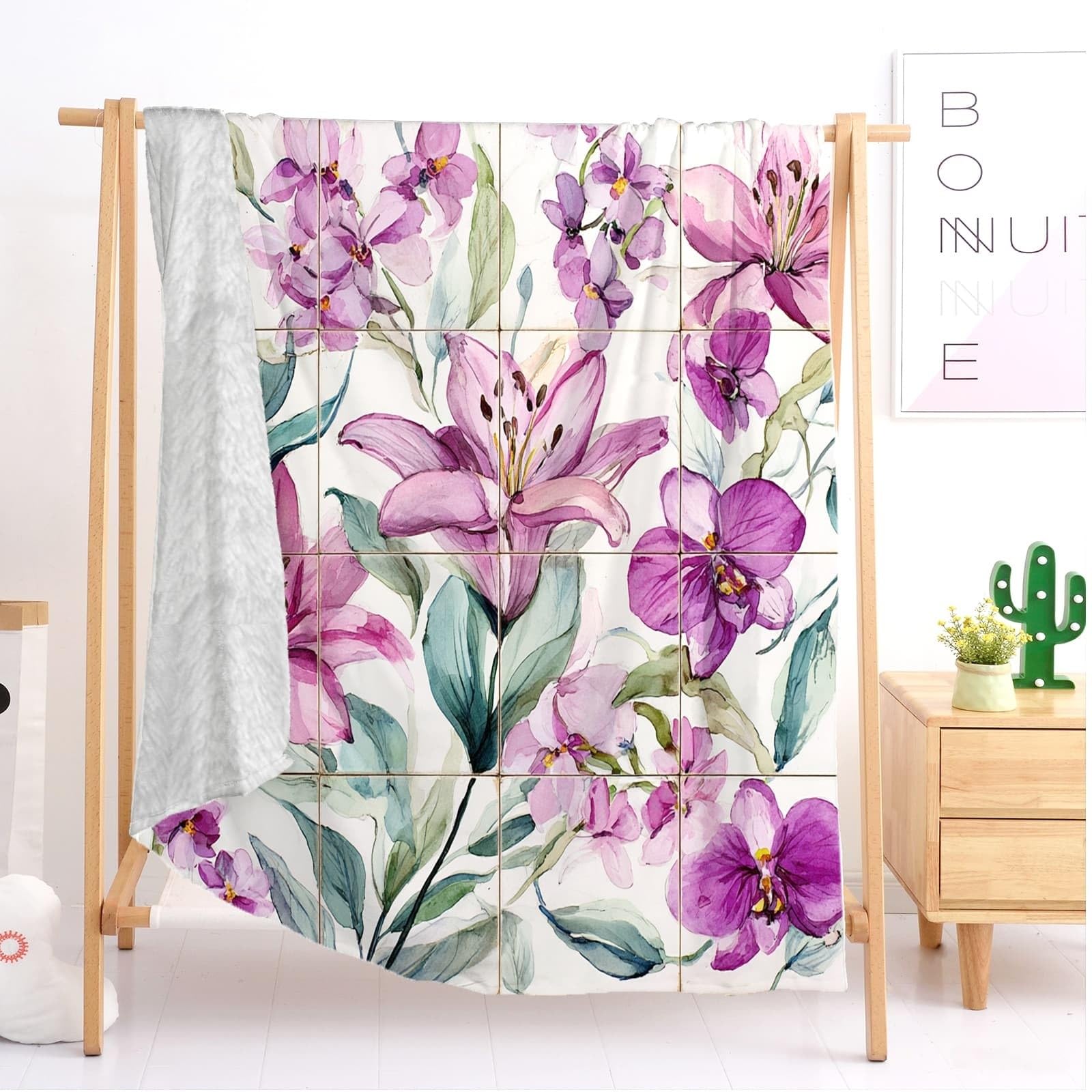 Personalisierte Decke mit Foto 150x200 cm Sherpa Decke Aquarellmalerei Von Blumen Und Lilien Warme Dicke Kuscheldecke Flauschig Lila Sofadecke Couchdecke Winterdecke, Wohndecke Wohn- & Kuscheldecken