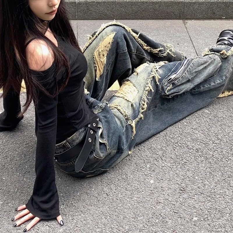 Y2k Retro Niche Baggy deconstruction Tassel Ripped Jeans Men's and Women's Large Pocket Design Sense Work Pants4