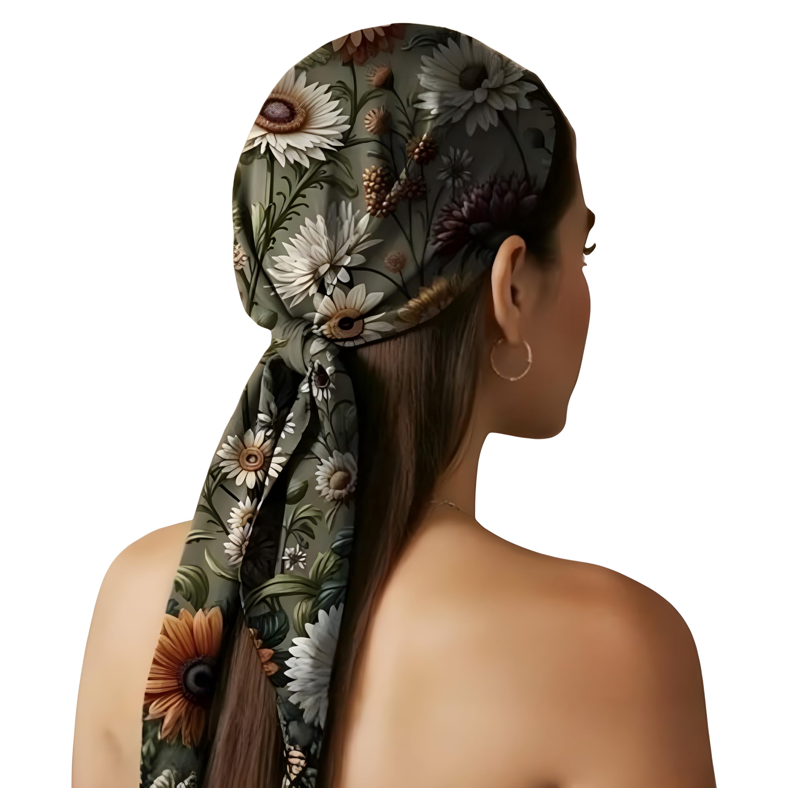 Floral Print Head Scarf with Daisy Pattern, Green Silk Long Tail Hair Wrap, Vintage Style Square Scarf for Women, 27x27 cm-image-28