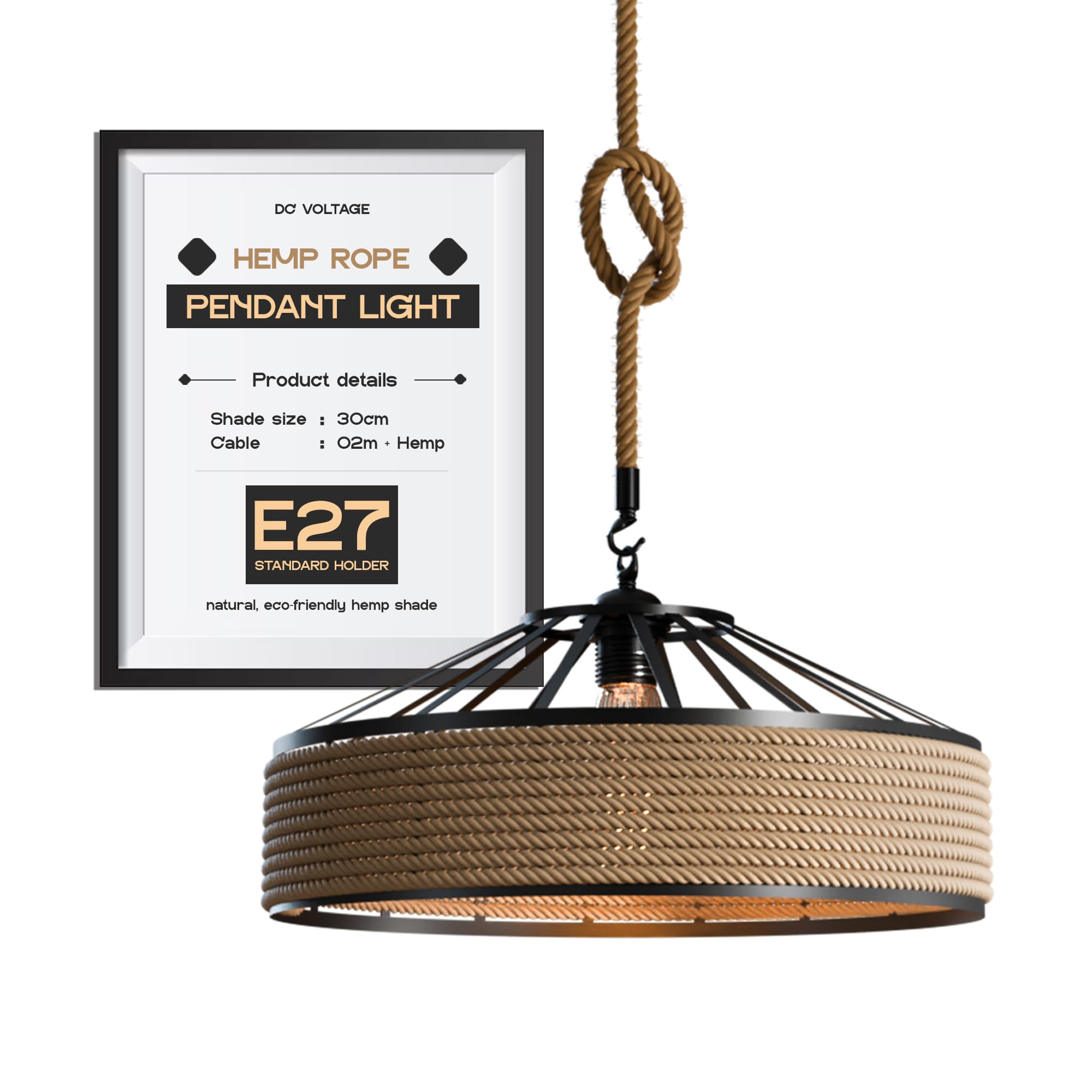 DC VOLTAGE Hemp Rope Pendant Light 30cm E27 Ceiling Lamp 2m Adjustable Rope โ image 1