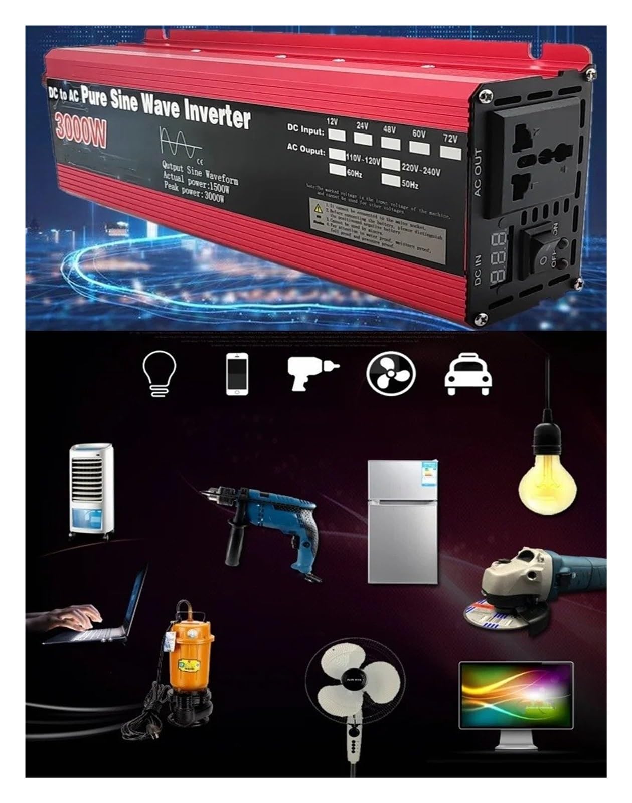 Inversor Inversor Onda Sinusoidal Pura 1000 W 1600 W 2000 W 3000 W CC 12 V/24 V A CA 110 V/220 V Convertidor Portátil Energía Solar Convertidor(110V 60Hz,1600W 12V)
