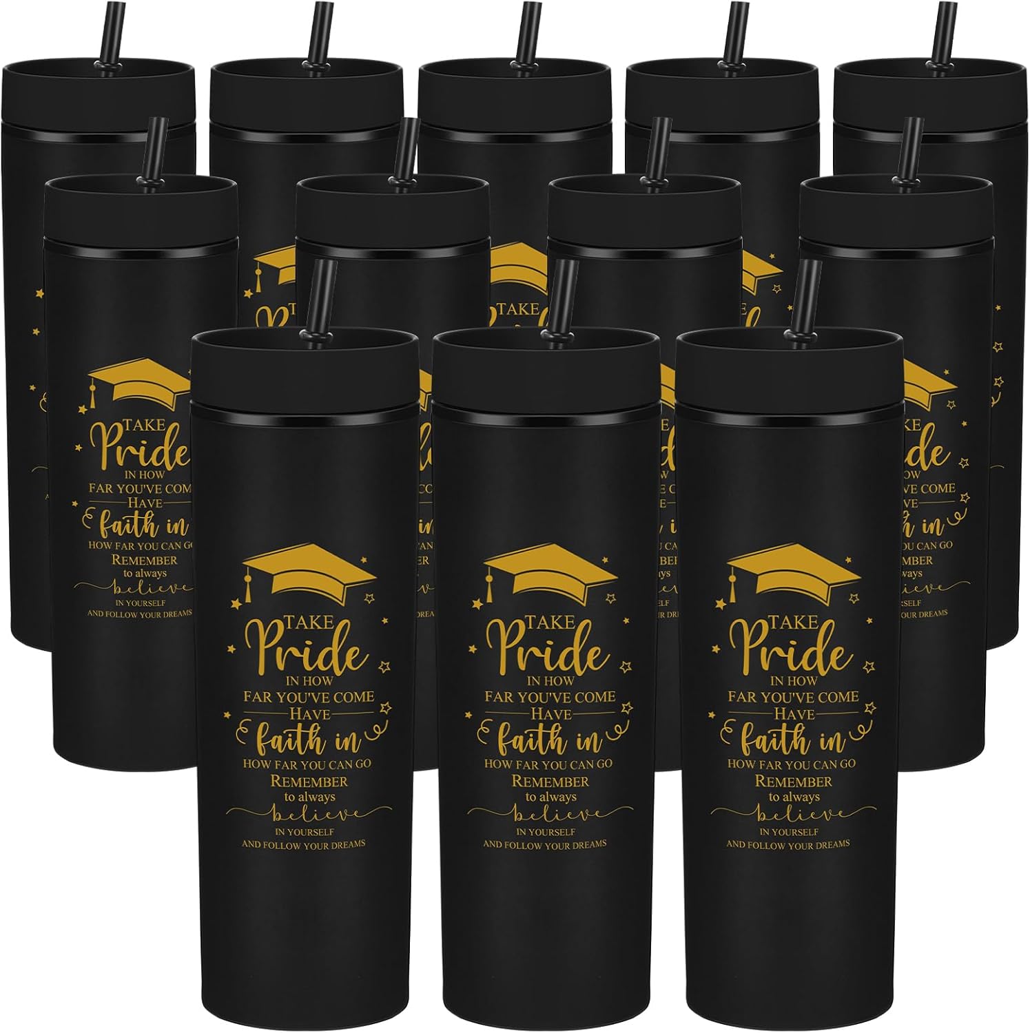 12 Pcs Class of 2026 Graduation Gifts Bulk 16oz Matte Graduation Cups 2026 Inspirational Tumbler with Lid and Straw Plastic Drinking Tumbler for Teen High School Grad Party Favors (Black)