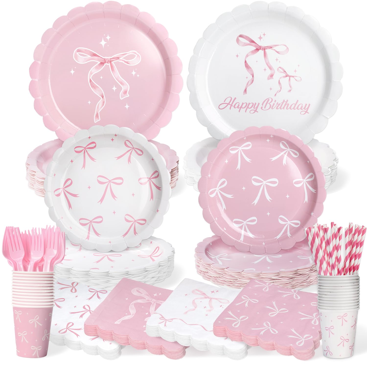 300 Pcs Pink Bow Plates, Cups, Napkins and Tableware Sets for Coquette Birthday Decorations, Party Supplies Include Straws, Pink Birthday Decorations