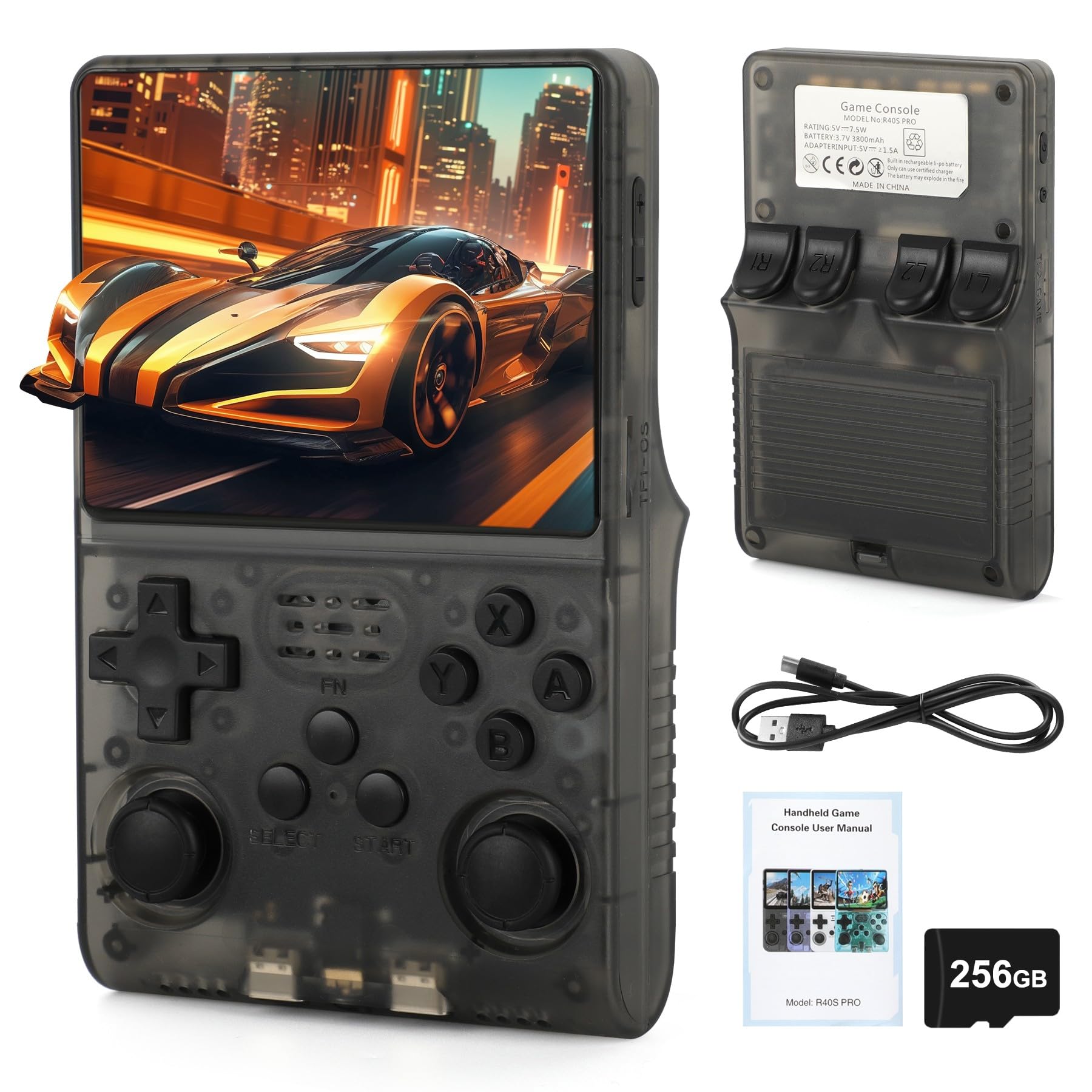 R40S Pro Handheld Retro Gaming Console – 256GB Storage, 3800mAh Battery, 3.5" Full-Lamination IPS Screen, 20+ Emulators, Preloaded 30,000 Games, WiFi Multiplayer Support (Gray)