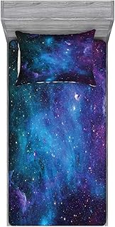Ambesonne Outer Space Fitted Sheet & Pillow Sham Set, Galaxy Stars in Space Celestial Astronomic Planets in The Universe Milky Way, Decorative Printed 2 Piece Bedding Decor Set, Twin, Navy Blue