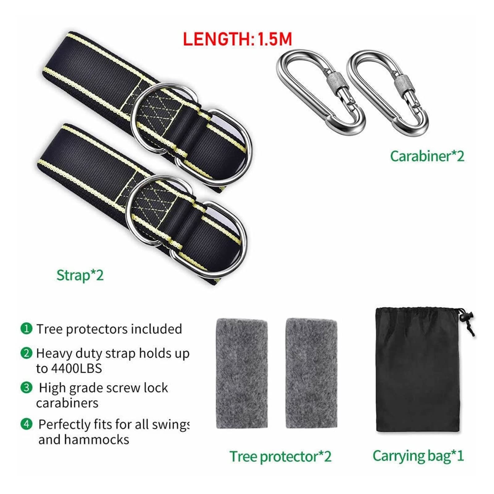 Sangles de hamac - Kit de Suspension pour balançoire d'arbre à Installation Rapide Sangles de balançoire Protecteurs d'arbre avec mousquetons à Verrouillage Plus sûr Pivotant au Choix