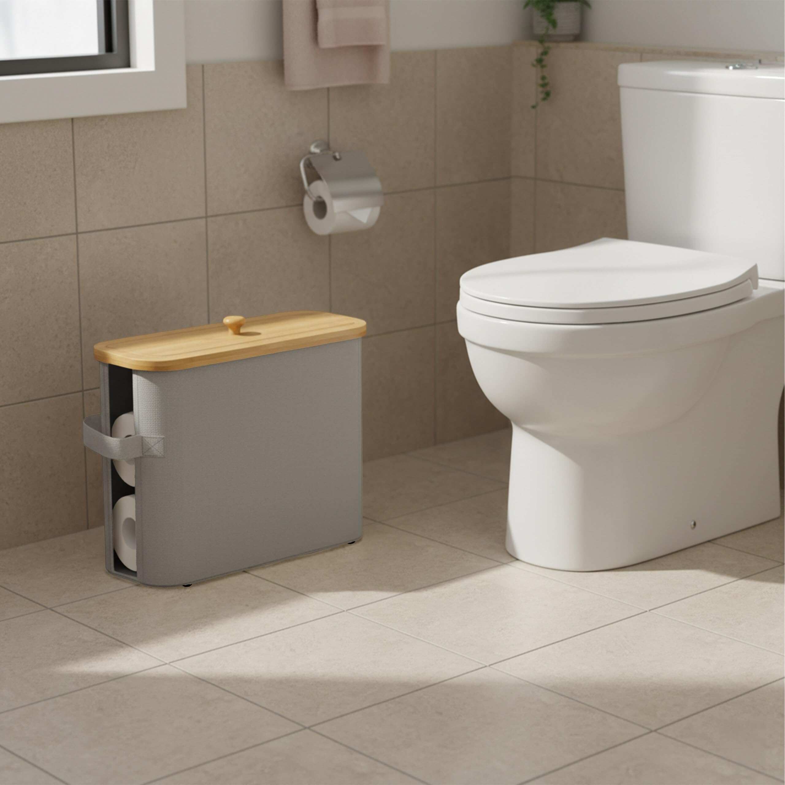 Portarotoli Relaxdays, 12 Rotoli, HxLxP: 33 x 45 x 16 cm, Tessuto, bambù, portacarta igienica, riserva, Grigio