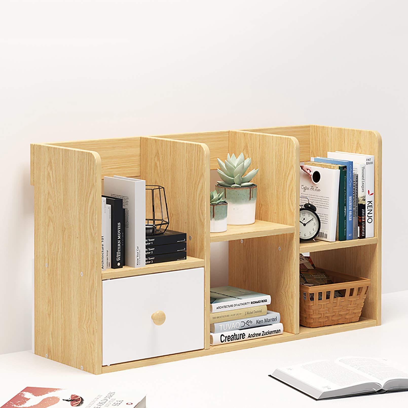 LEELLY Kitchen Wall Shelf Desktop Organizer Bookshelf,Wood Bookcase Desk Small Storage Rack Standing Display Shelves Shelving Unit With Drawer