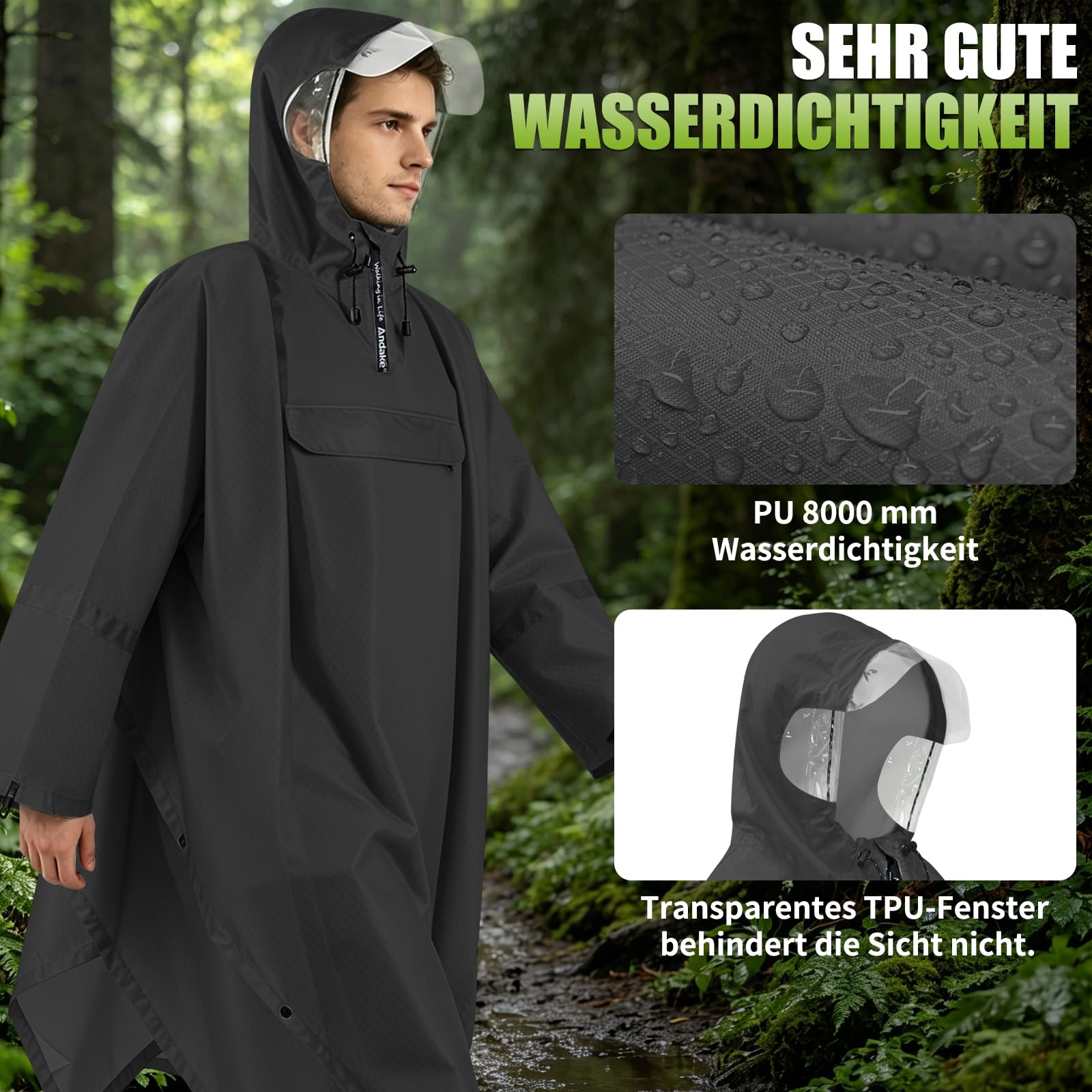 Andake 3-in-1 Regenponcho, Wasserdichter Regenponcho unisex, Wiederverwendbar, Leicht & Tragbar, Ideal für Camping, Wandern & Angeln im Freien