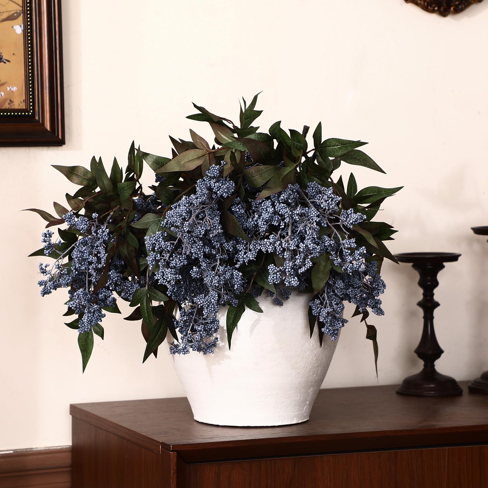 Zeyune 3 tallos artificiales de arándanos artificiales de otoño, ramas de bayas azules, ramas de sedum falso para vacaciones, temporada, granja, repisa, repisa, decoración del hogar (35 pulgadas)