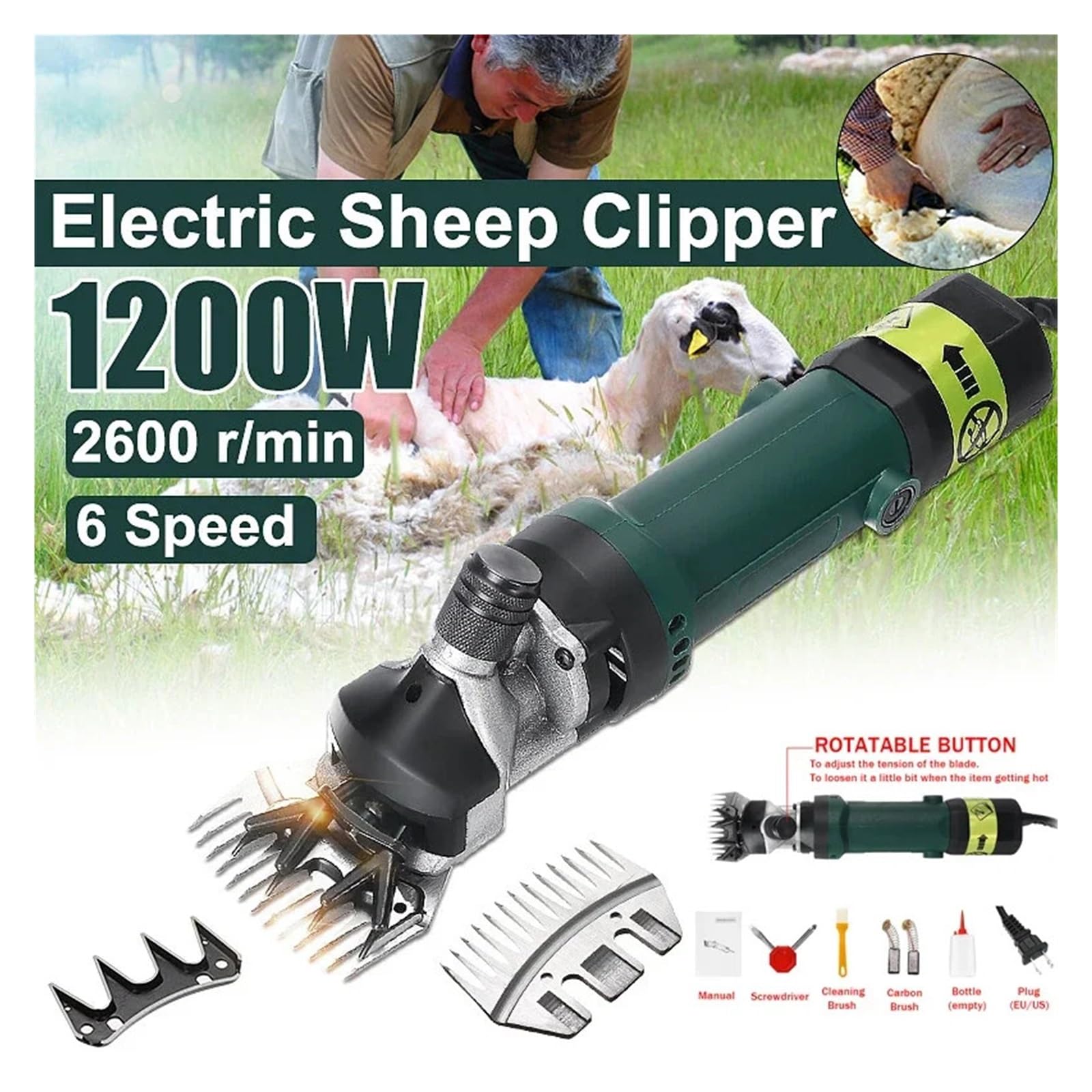 Tosatrice elettrica for pecore da 1200 W a 6 velocità, for rasare la lana di pelliccia nelle pecore per Rasatura Pelliccia Lana Fattoria Bestiame Anim