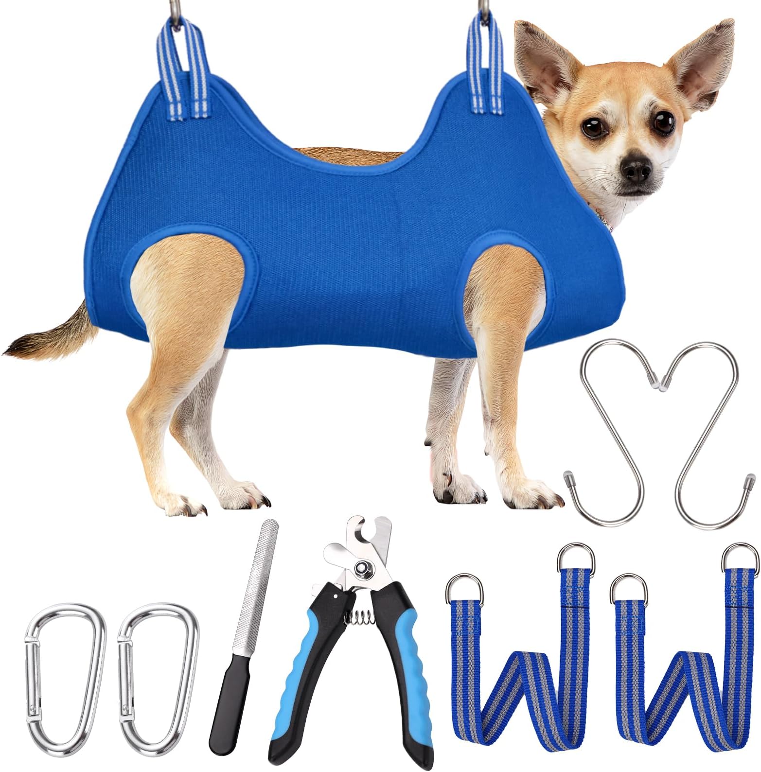 Dog Grooming Hammock Harness, Dog Sling for Nail Clipping/Trimming,Pet Grooming Restraint Bag with Nail Clippers Trimmer,Dog Grooming Supplies Kit for Claw Care (XX-Small 8LB Max/Blue)