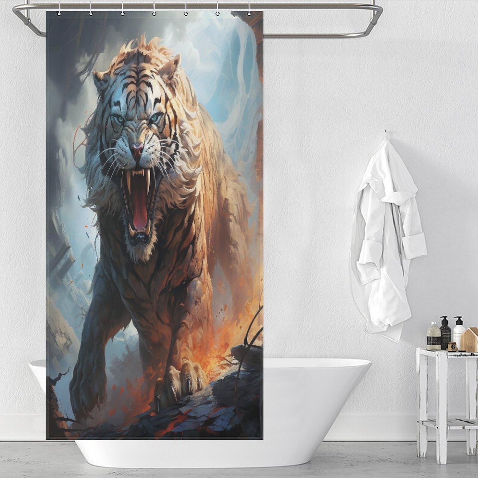 Rideau de douche tigre en tissu polyester lavable imperméable 92x183cm pour baignoire avec crochets