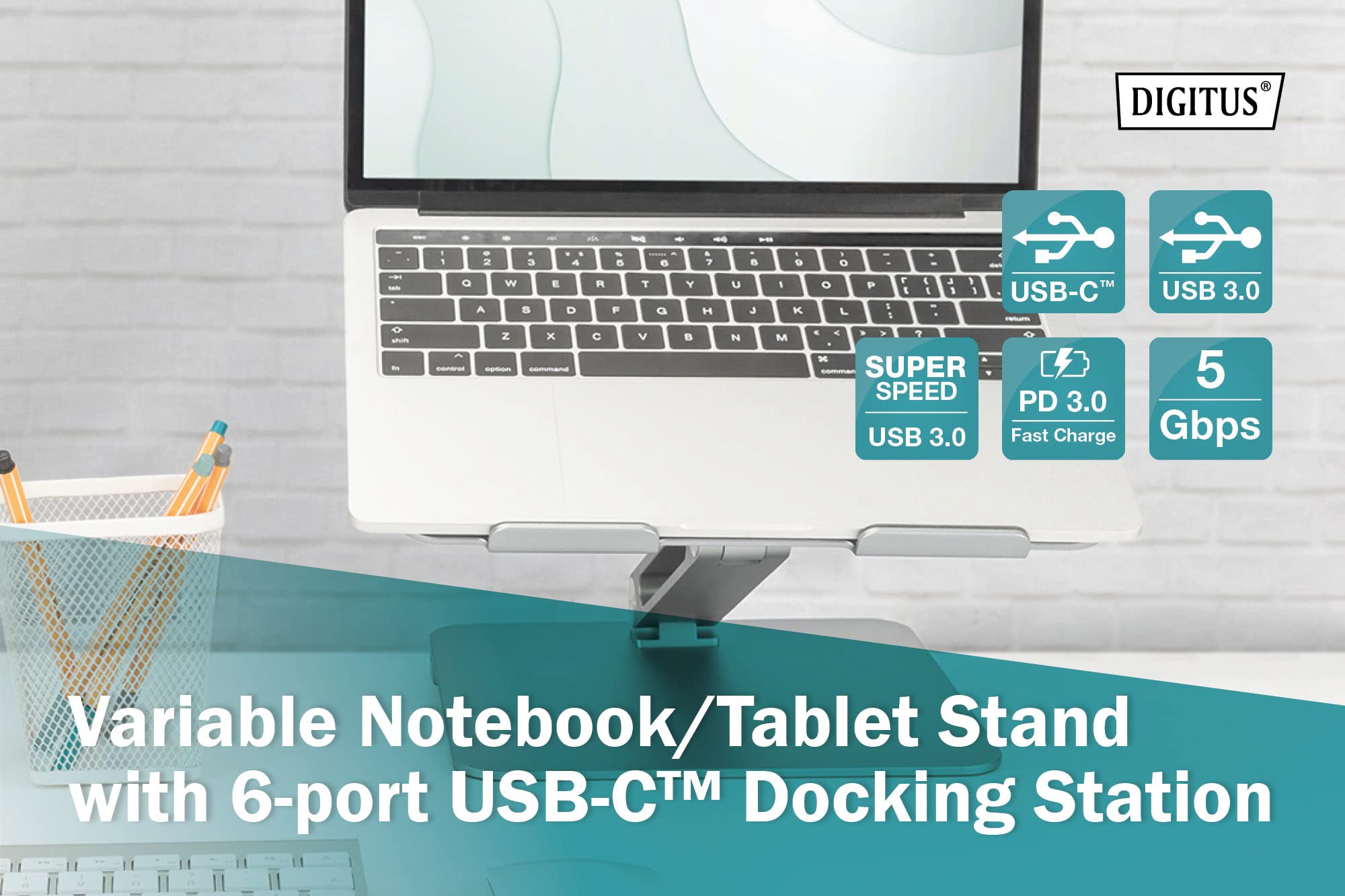 DIGITUS Supporto per notebook con funzione Hub USB-C 3 USB 3.0, 1 4K HDMI, 1 RJ45, 1 ricarica PD