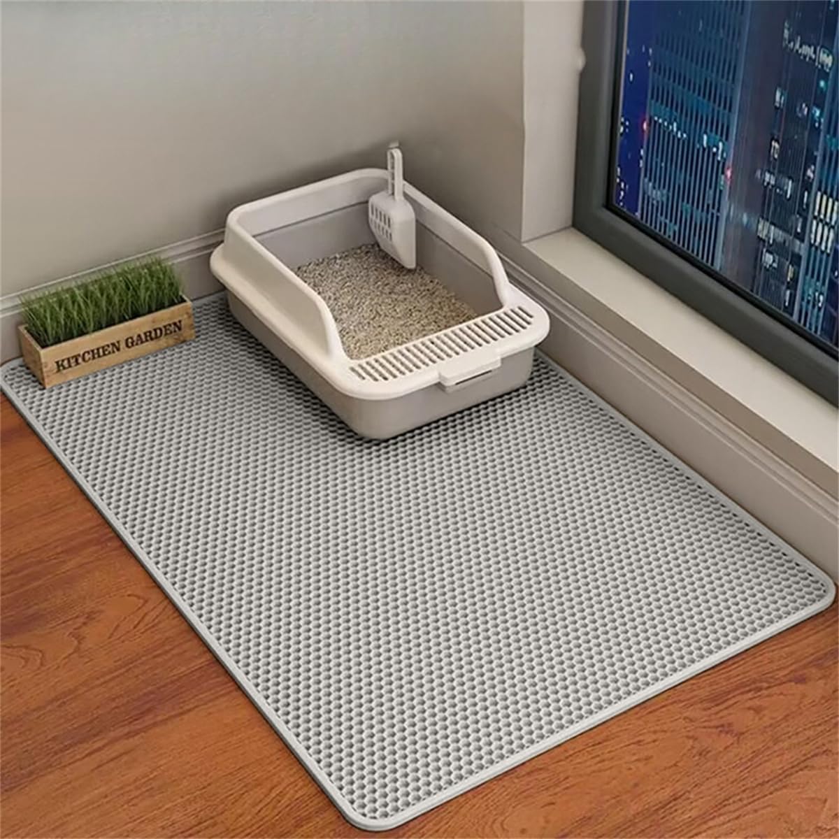 Xisnuient Honeycomb Cat Litter Mat, Two Layer Trapping Kitty Mats, Scatter Control, Soft on Paws, Indoor Box Supplies and Essentials,Easier Washable (30x45cm,Grey)