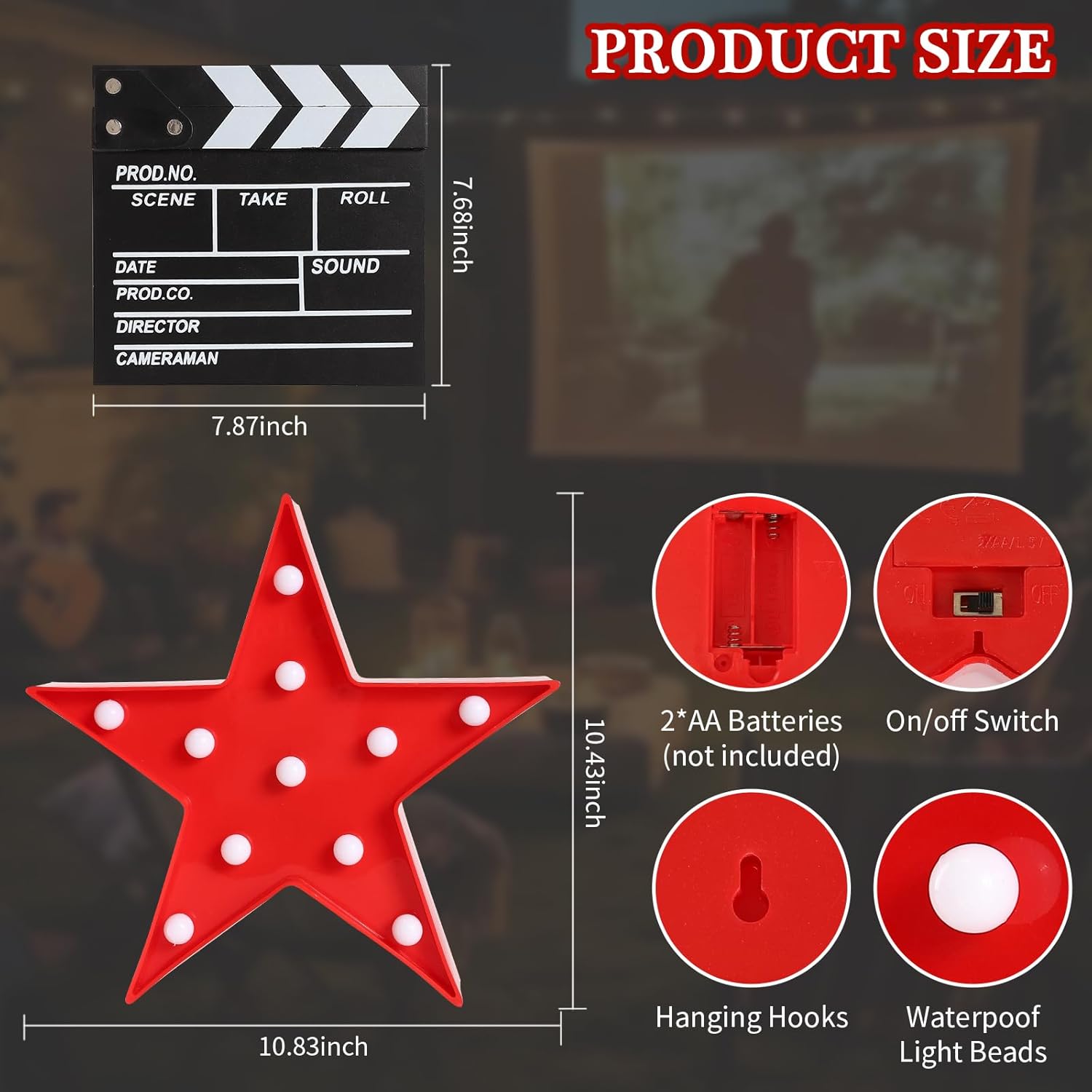 Movie Theater Decor,Film Clapper Board and Light LED Star Sign Movie Props for Night Decorations,Home Room Theater Decor Party Supplies