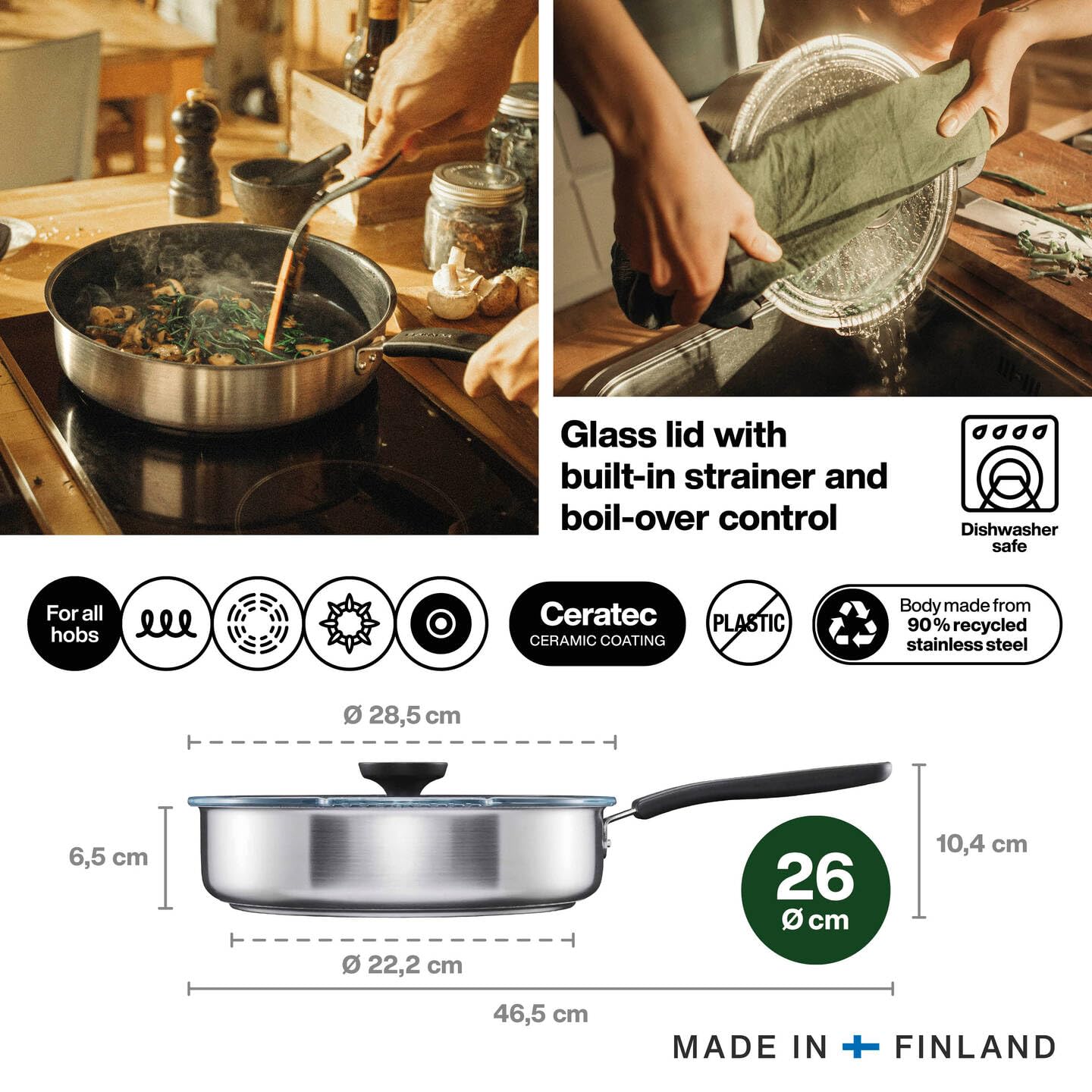 Fiskars Padella con Coperchio, Ø 26 cm, Padella Rivestita, Adatta a Tutti i Piani Cottura, Acciaio Inox Riciclato, Functional Form, Nero, 1072314