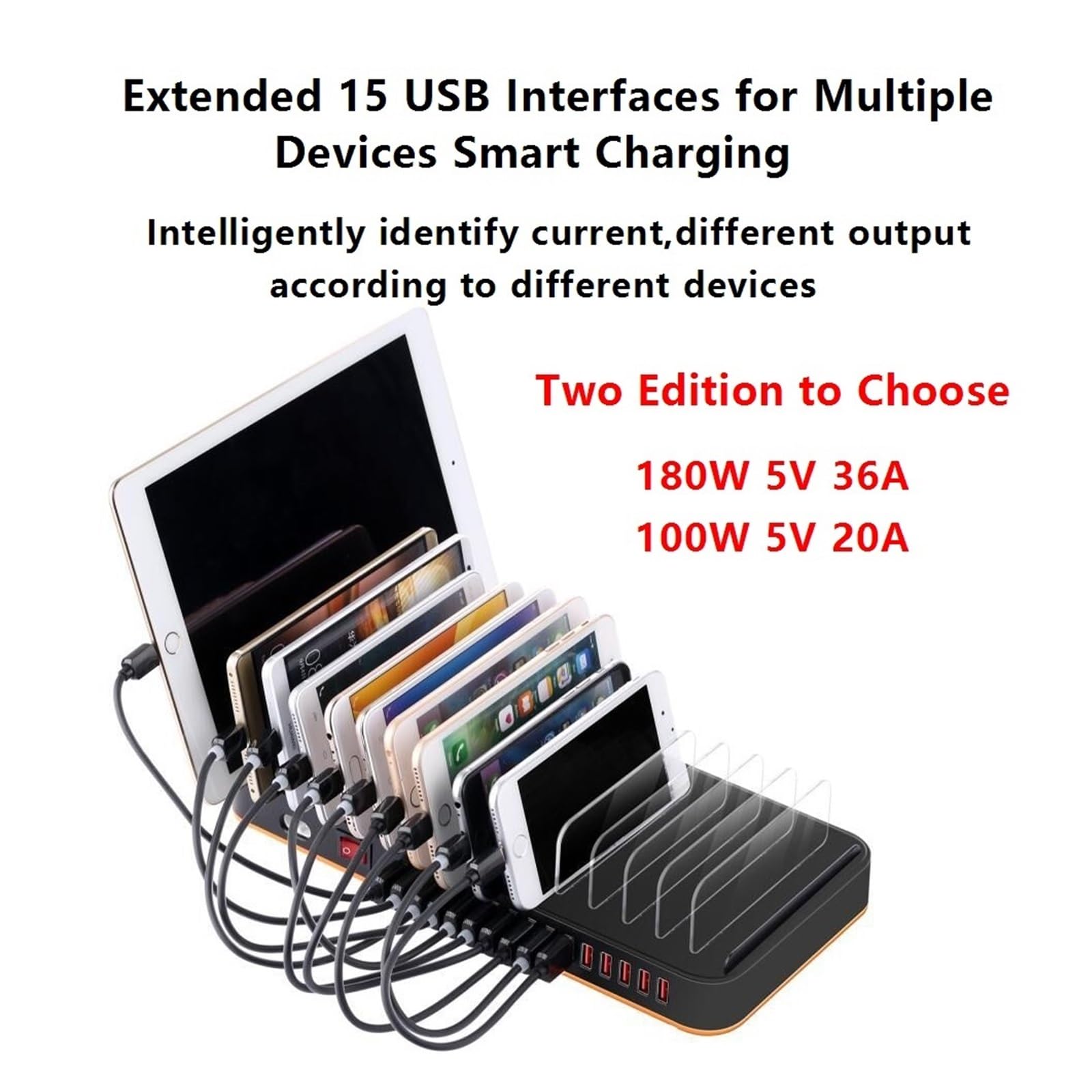 Caricatore Multi USB 100/180 W Rapido A 15 Porte Supporto For Stazione Di Ricarica For Telefono Tablet Capacità Di Ricarica Rapida(100W With Cable)