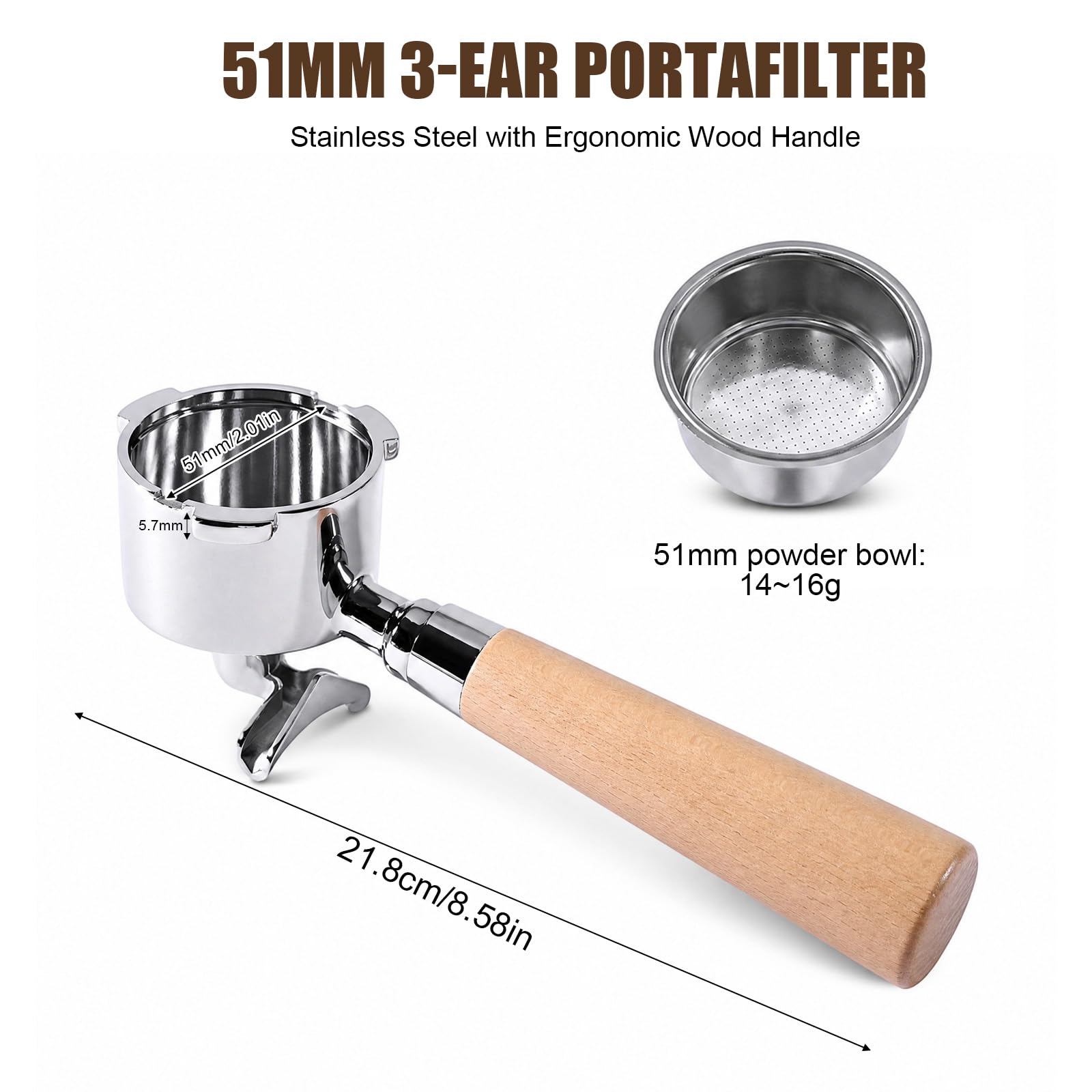 Portafiltro sin fondo de 51 mm, portafiltros para cafeteras DeLonghi Dedica EC680, EC685 y Smeg, acero inoxidable, doble caño, diseño de 3 orejas, filtro portafiltro de café espresso