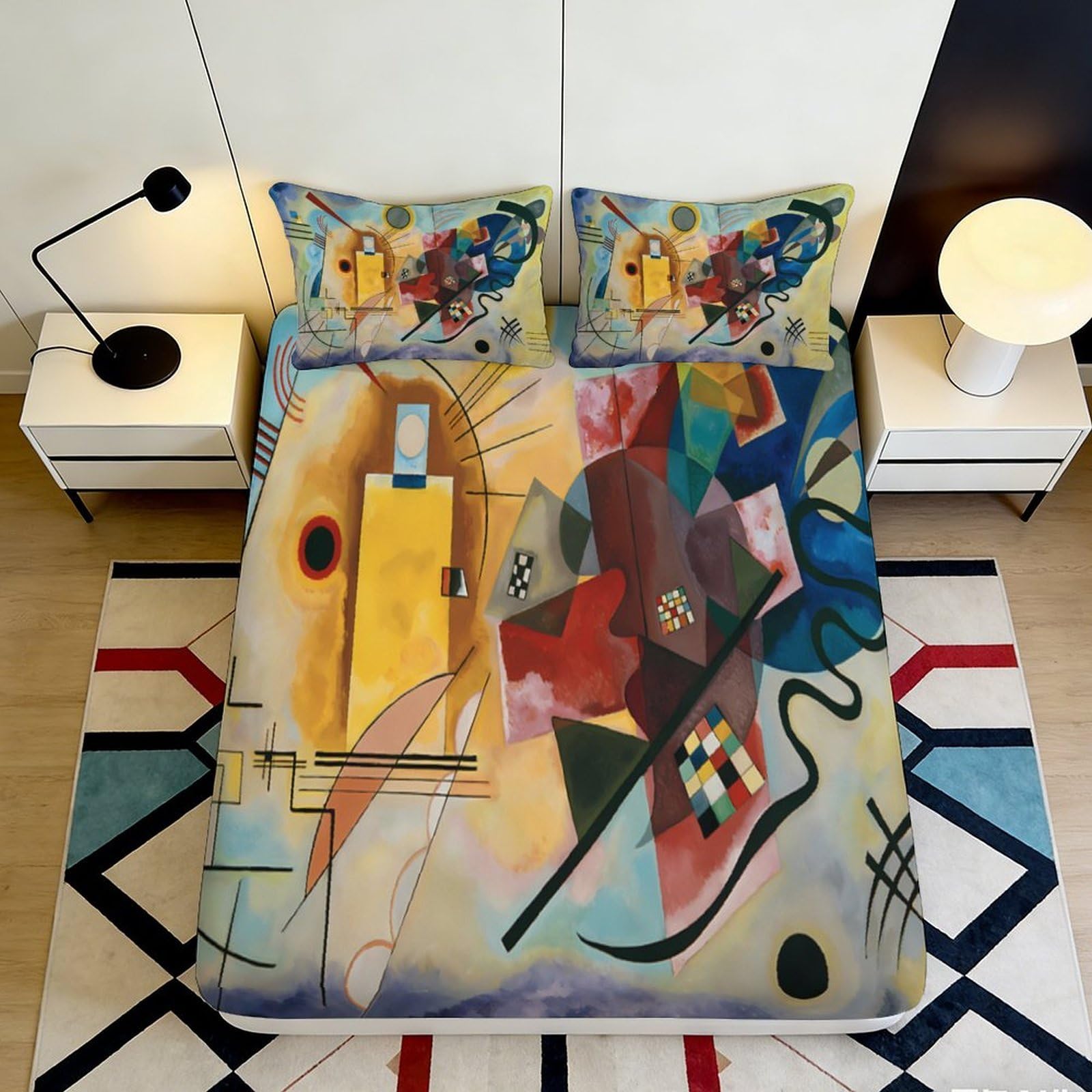 3D Printed Abstract Geometric Fitted Sheet Microfiber Soft Breathable Colorful Artistic Bed Cover for Bedroom Dormitory Guest Room Mattress Protection 90x200x25cm