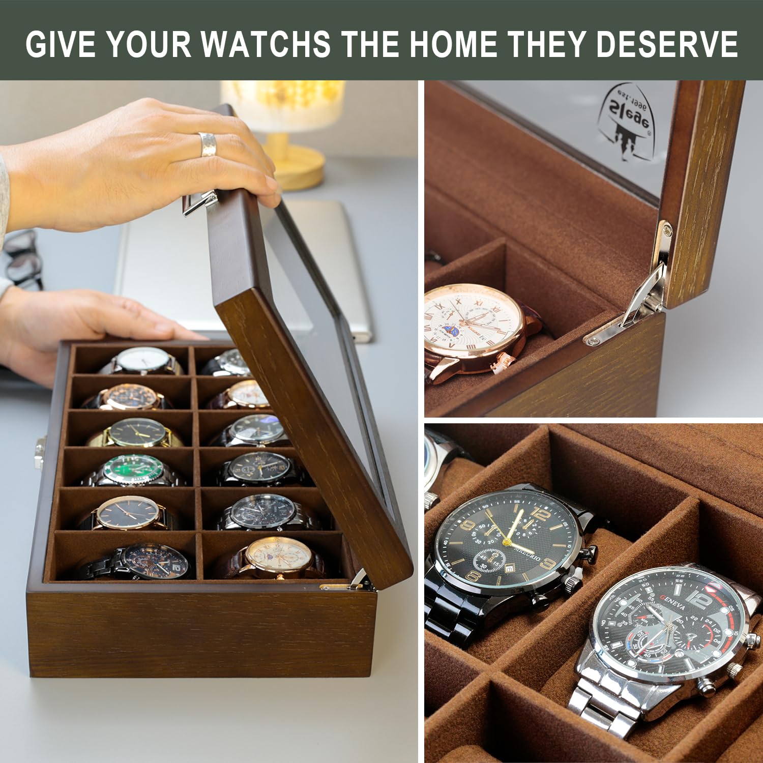 Caja de Relojes de Madera con 12 Ranuras, Estuche Relojero Organizador con Tapa de Cristal y Cojín Extraíble