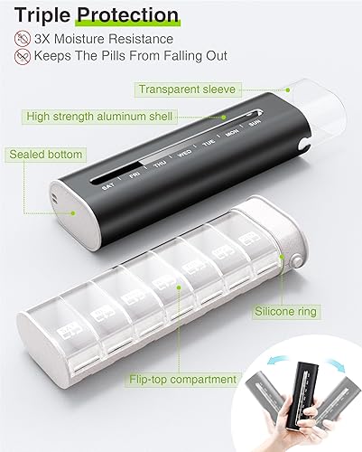 Miniatura 3 de Zannaki Pastillero semanal de metal, pastillero diario de aluminio, pastillero de viaje portátil para 7 días, lindo contenedor de pastillas de gran