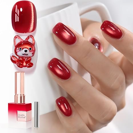 Double Rhythm 0.5 OZ Cat Eye Gel Polish with Magnet 15ML Holographic Glitter Shimmer Translucent Jelly Color - Retro Red, White & Blue Nail Inspo | 1950s Diner Aesthetic Lifestyle