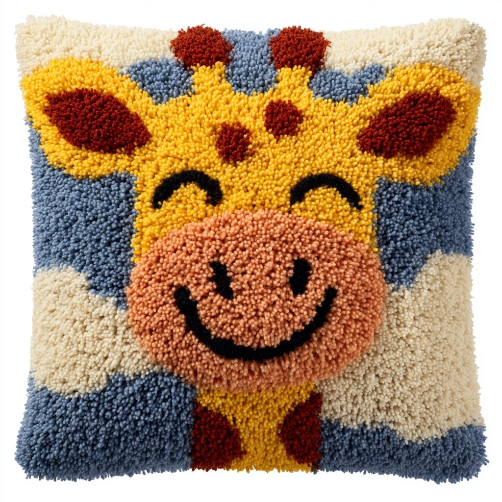 Henypt Latch Hook Cushion Kits Animal Giraffe DIY Hook and Latch Kit, Crochet Craft Kit for Beginners Home Embroidery Decoration,43X43cm