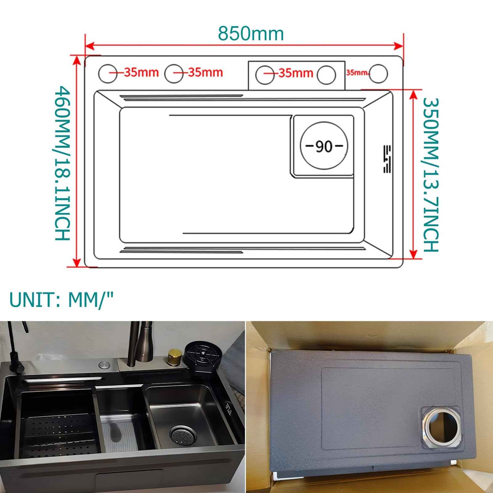 85x45cm Multifunktionale Edelstahl Küchenspüle, Tiefes Wasserfall Barspüle, Display-Spülen-Set Für Den Rechteck Für Den Hausgebrauch, Gläserspüler und Abflusskörbe