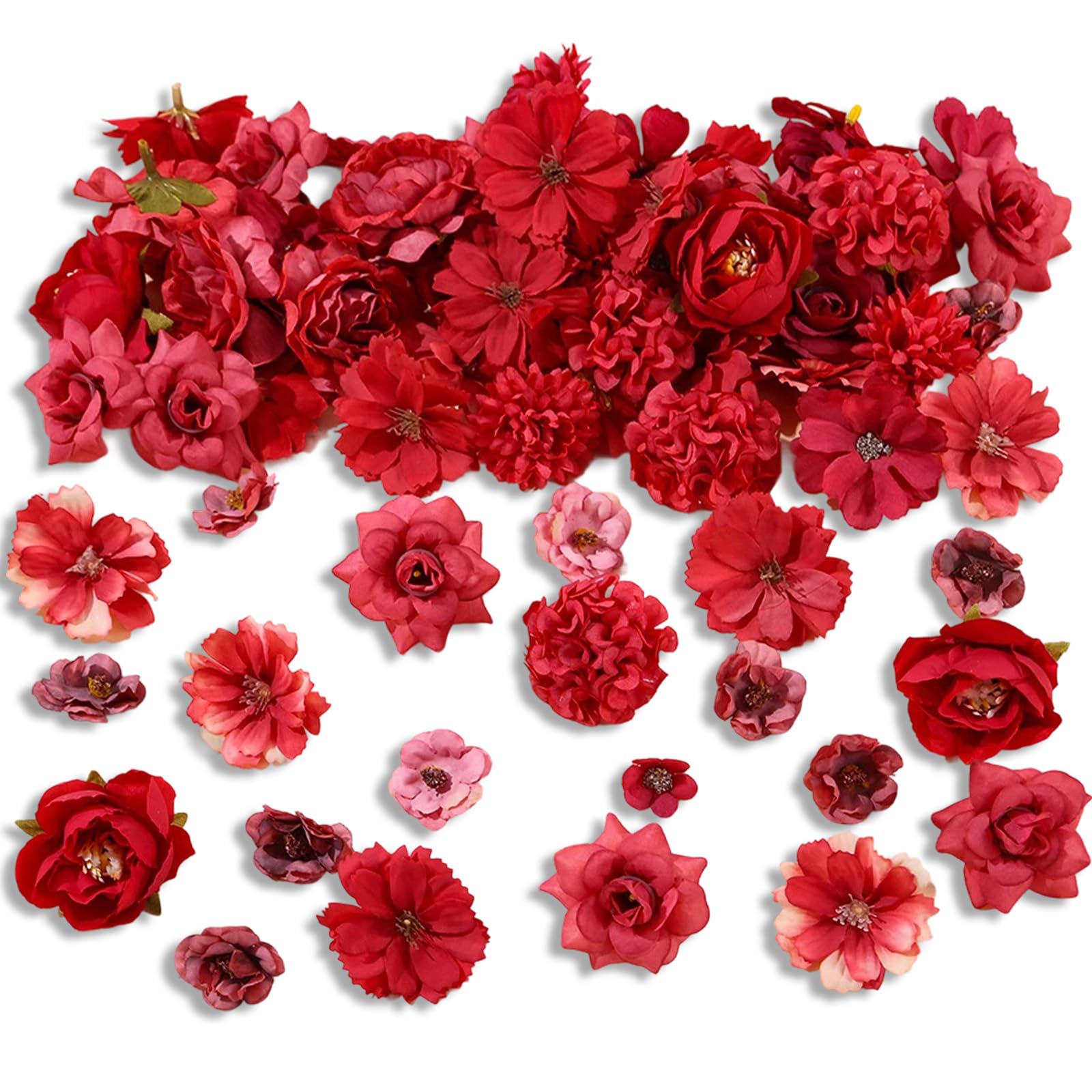 50-Piece Artificial Flowers Heads Silk Faux Fake Flower Small Artificial Silk Flowers for Decoration Craft Flowers for Party & Cake Topping Ready-to-Use Faux Flowers for DIY & Gift Wrapping (Red)