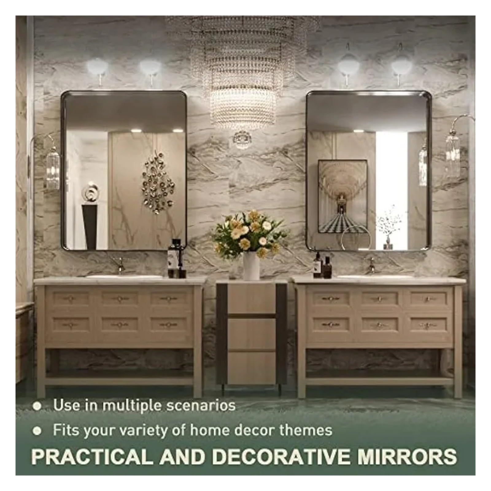 Specchio da Bagno, Specchio da Parete a Specchio Compatibile con Il Bagno Cornice angolare Decorativa Rettangolare in Metallo Nero montata a Parete per Decorazioni per l