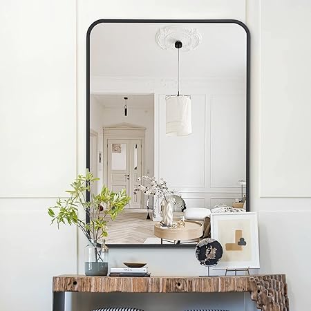 COFENY Bathroom Mirror, 20"x28" Black Rectangle Mirror, Wall Mounted Framed Mirror with Round Corner for Bedroom Living Room, Entryway Hangs Horizontal or Vertical