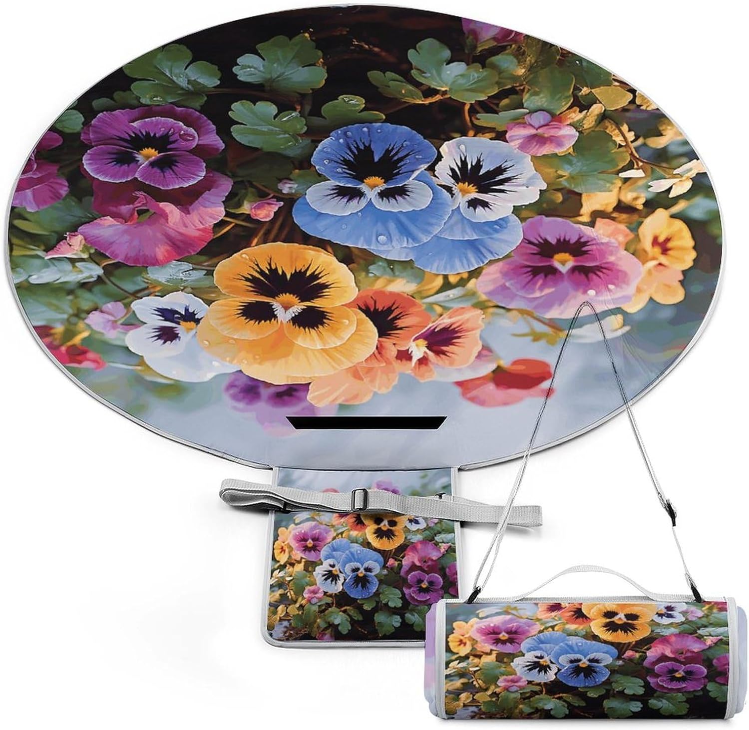 Pansy Flowers Picnic Blanket Foldable Outdoor Round Blankets Lightweight Beach Mats Portable Waterproof Park Sand Free Mat for Camping Hiking Sports Activities