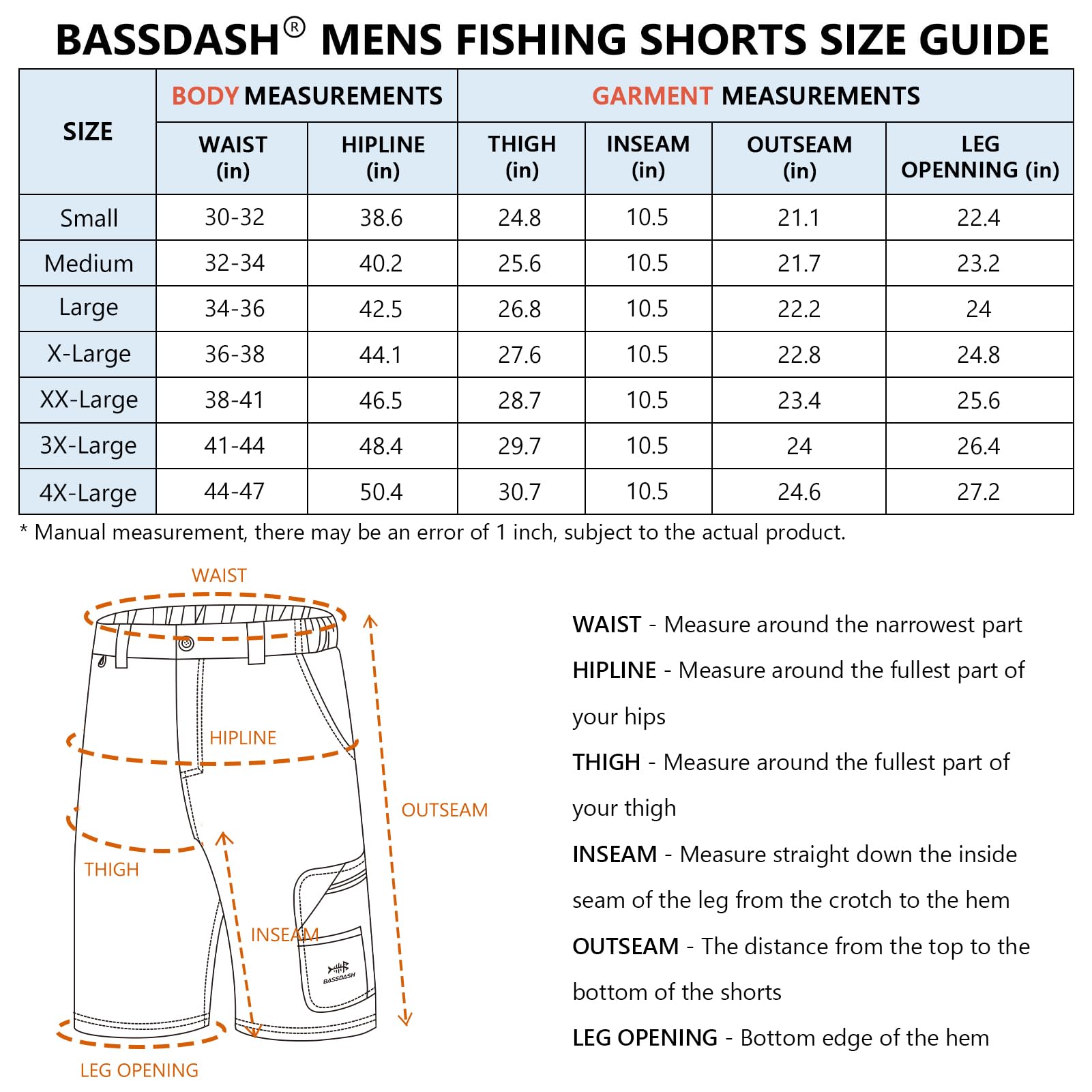 Bassdash FP01M Short Cargo de pêche pour Homme 10,5" à séchage Rapide UPF 50+ résistant à l'eau