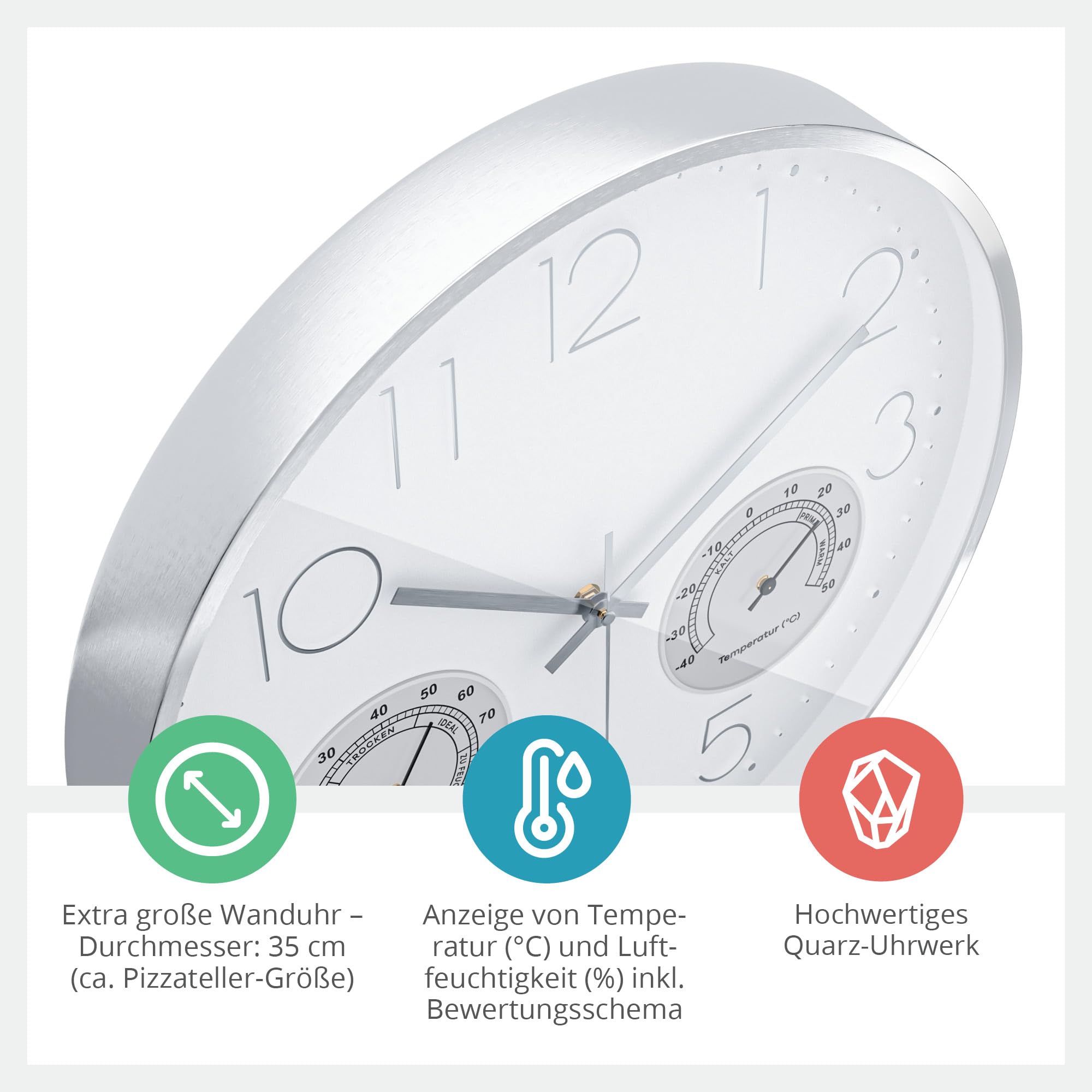 Mebus Wall Clock, Plastic Aluminium, White, 35 cm - Image 2