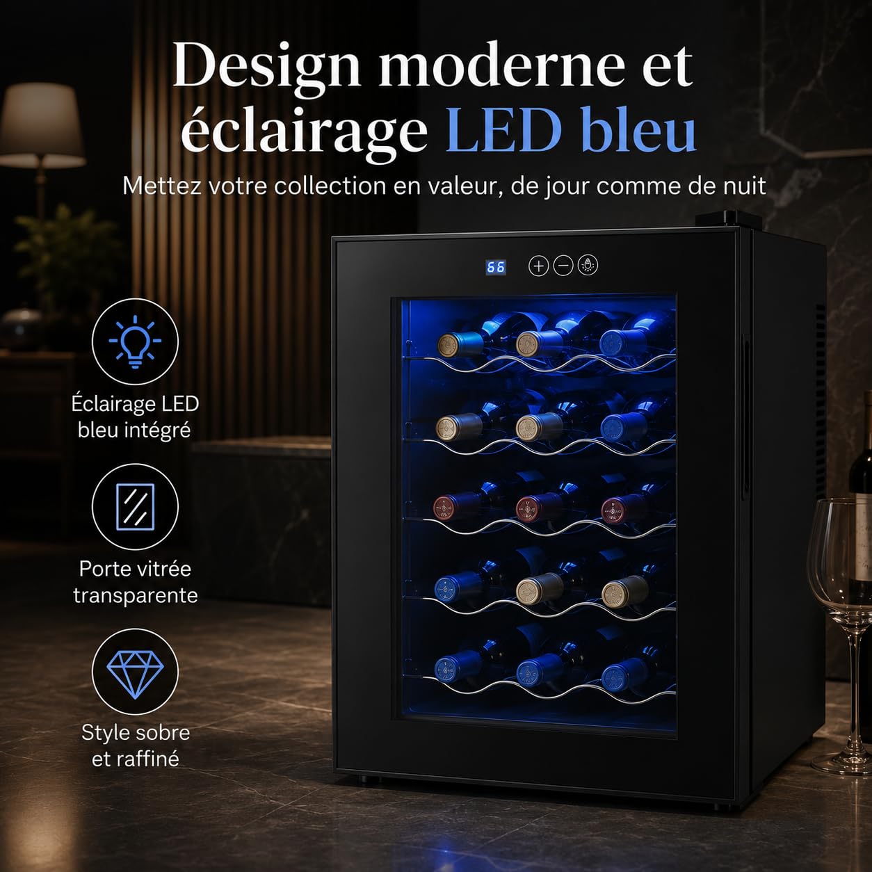 Cave à Vin 20 Bouteilles 48 L Réfrigérateur à Vin avec Température Réglable 12-18 °C, Porte en Verre Trempé, Lumière LED Bleue