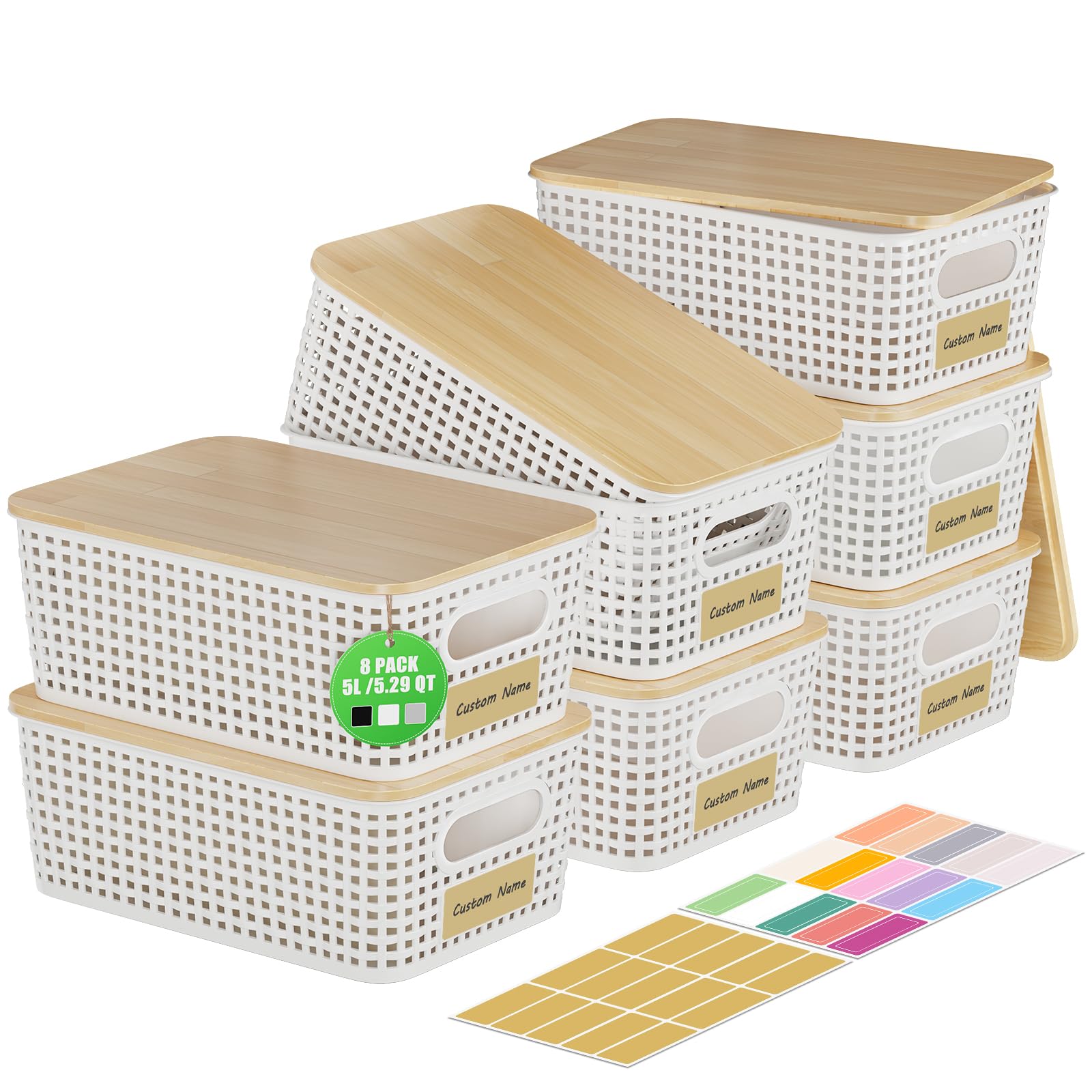 Photo 1 of ***1 BASKET IS MISSING***8 Pcs Plastic Storage Bins with Bamboo Lids and Labels 5.29qt Stackable Box Basket Pantry Decorative Containers, Small Storage Baskets for Desktop Shelves Drawers Closets Office Cabinets 10*7.2*4.1"***1 BASKET IS MISSING***