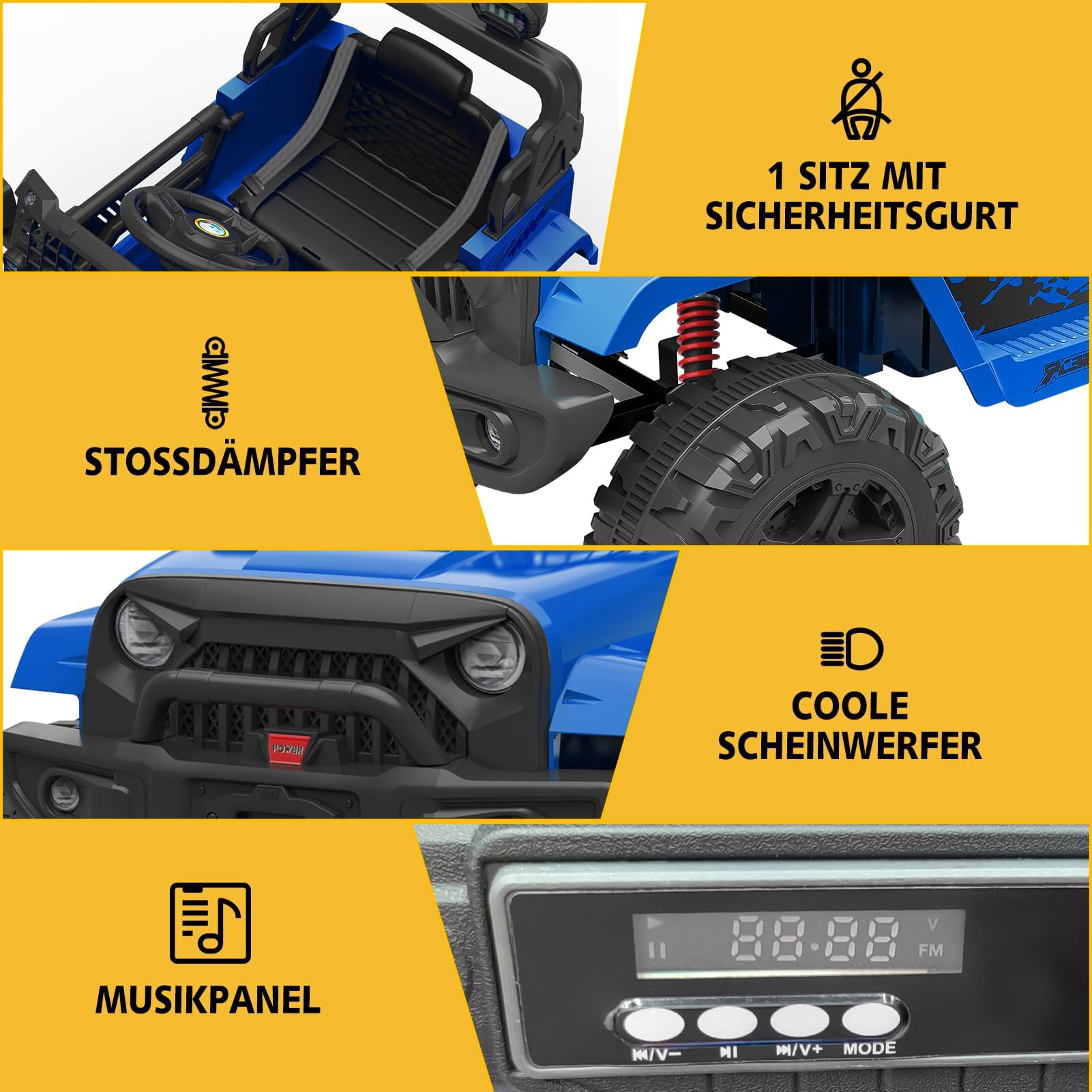 12V Kinder Elektroauto mit Federung, LED-Lichtern &