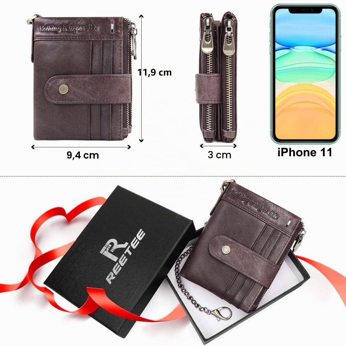 REETEE Carteras para Hombre Billetera de Piel con RFID Bloqueo Billeteras Hombre y Monedero con Cremallera, Monedero Hombre Pequeño19 Ranuras para Tarjetas y Cartera Hombre con Cadena
