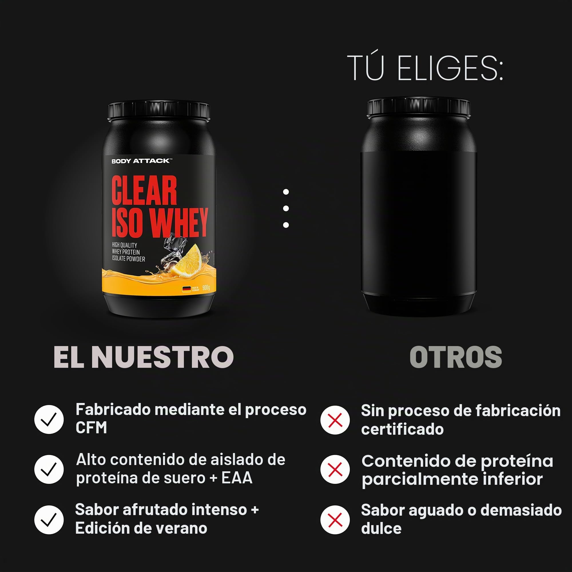 Body Attack Clear Iso Whey – Blackberry, 900 g, fabricado en Alemania, aislado de proteína de suero de suero de leche, 24 g de proteína y 11.400 mg de EAA por batido de suero iso, sin azúcar ni grasa