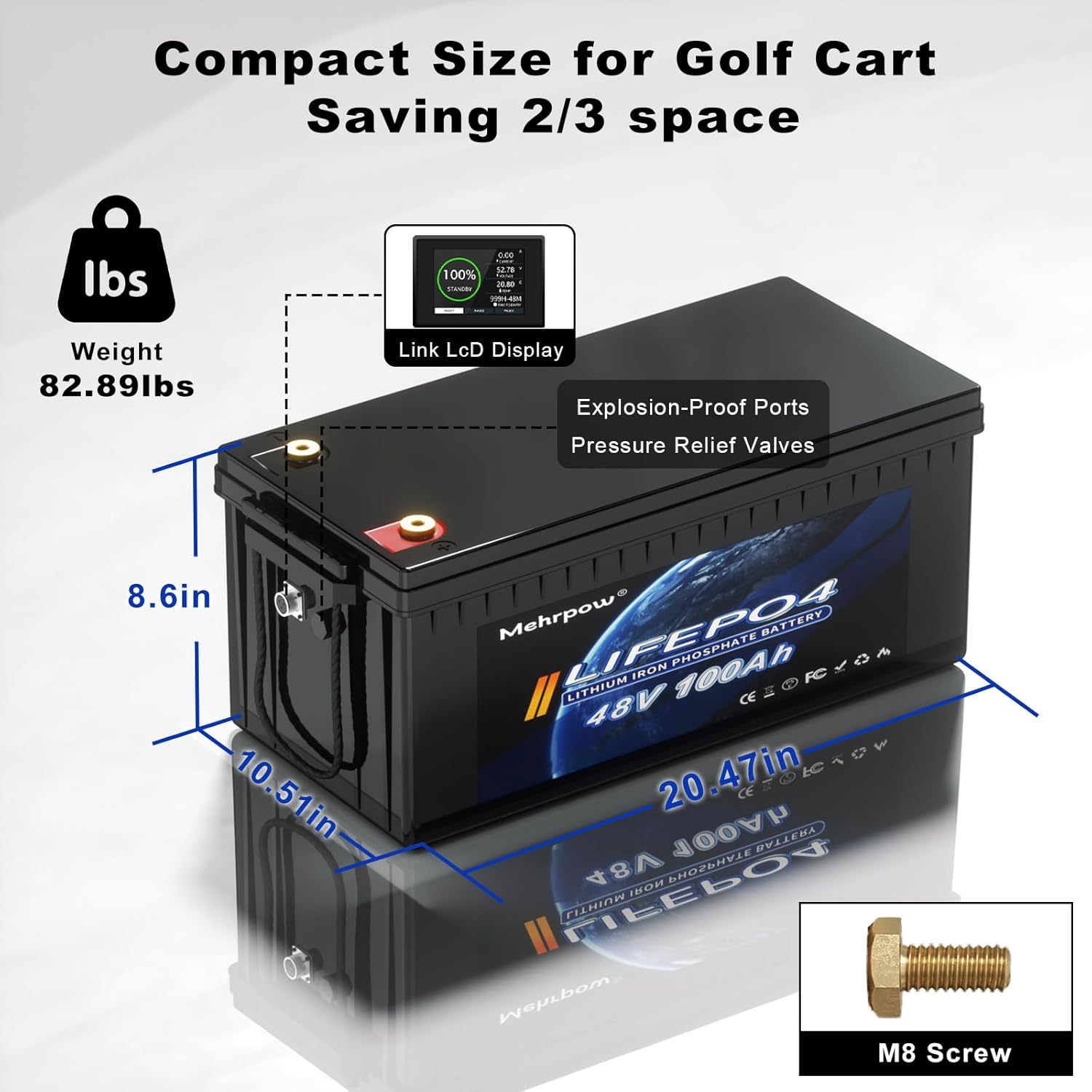 48V Lithium Battery Golf Cart Batteries Kit with Smart 200A BMS 58.4V 18A Charger Touch Monitor & Mobile APP 10000 Cycles 48V 100Ah LiFePO4 Battery Peak Current 1000A(3-5s) for Club Car, EZGO, Yamaha thumbnail