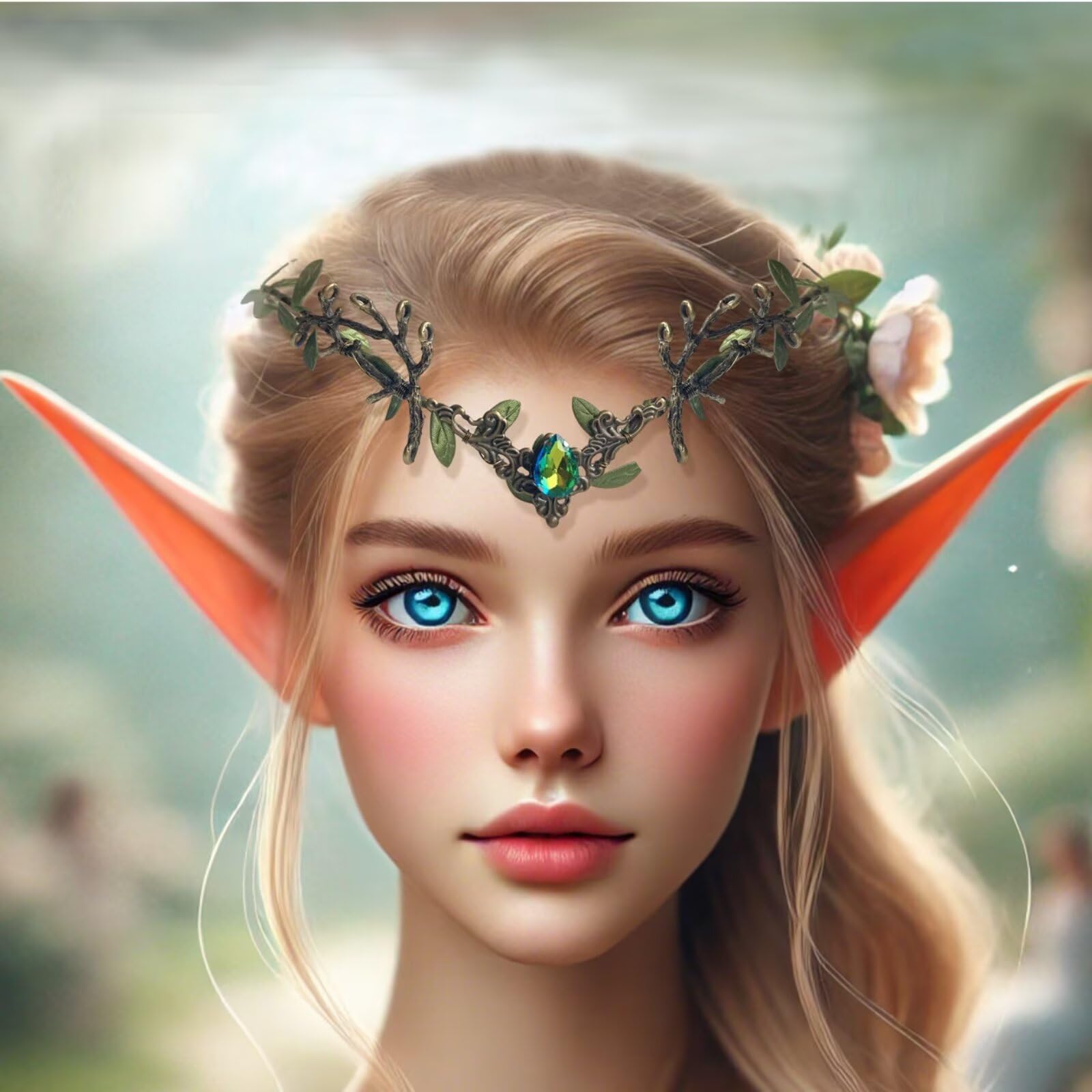 Corona di fiori da fata rinascimentale, corona da elfo verde a forma di V, copricapo dei boschi fatto a mano, cerchietto con foglie di foresta per costume da donna, Halloween, Cosplay F